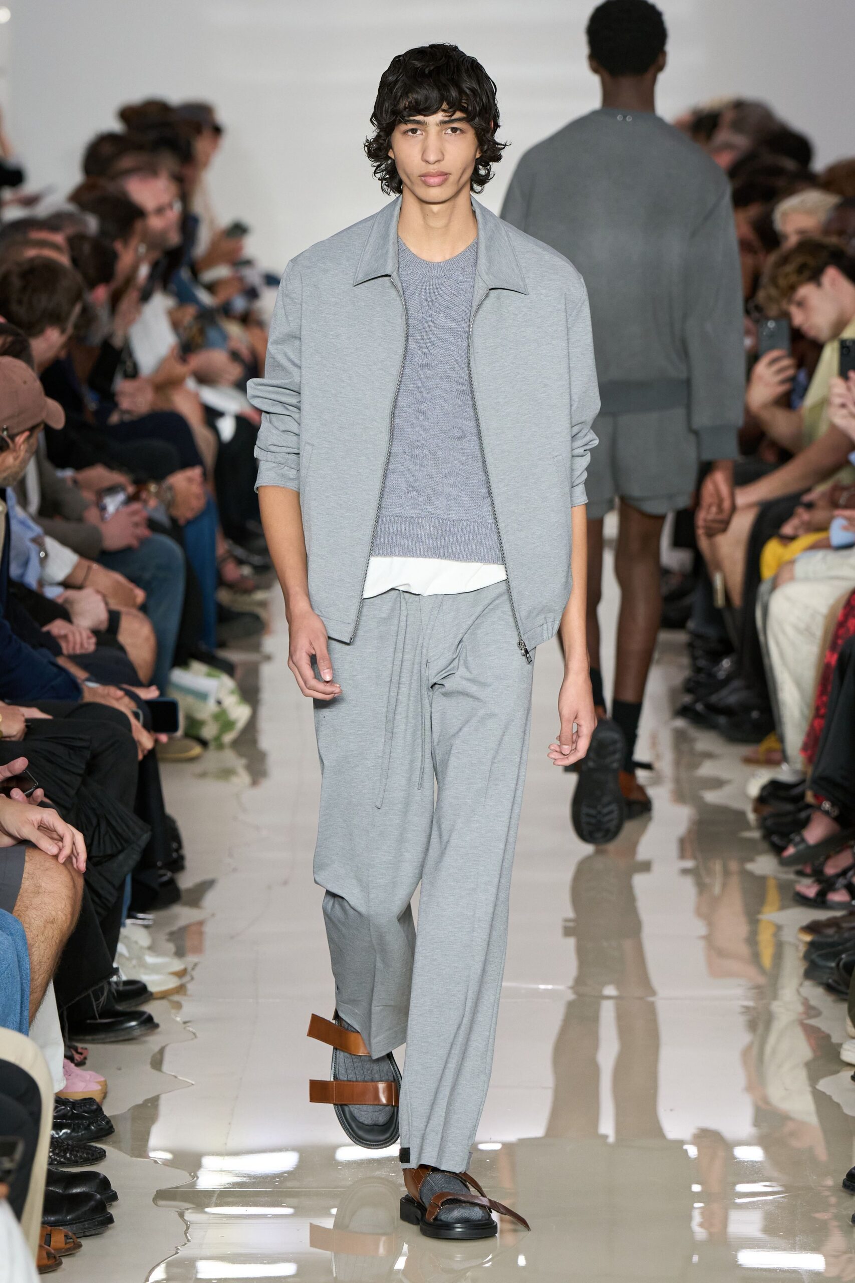 gray relaxed jacket with sweater and pants