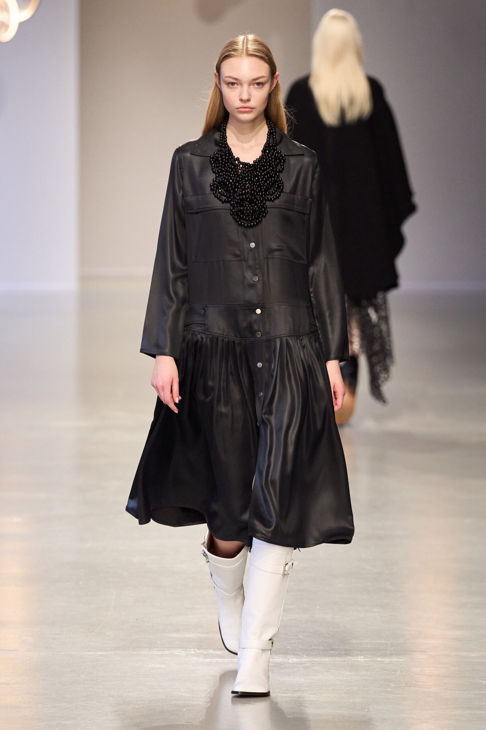 black silk midi dress with white boots