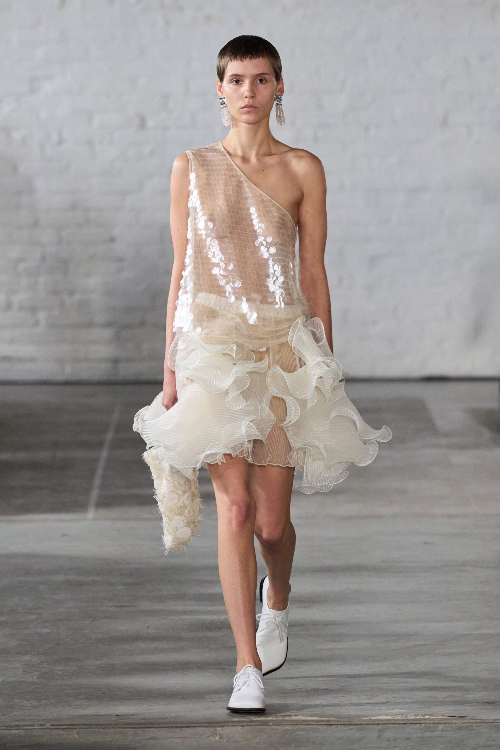 beige chiffon sleeveless asymmetric fitted ruffled layered dress