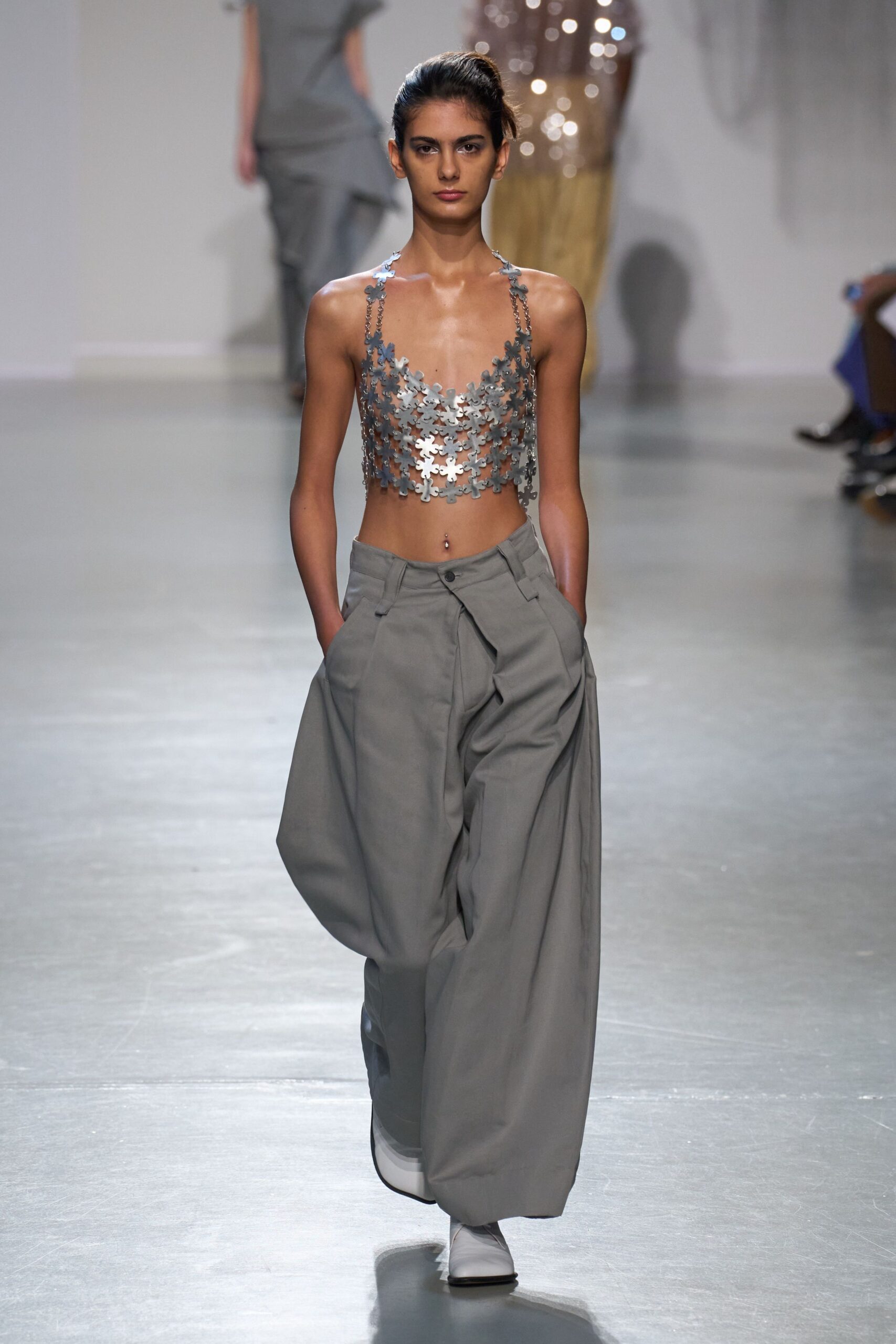gray metallic sleeveless fitted beaded top