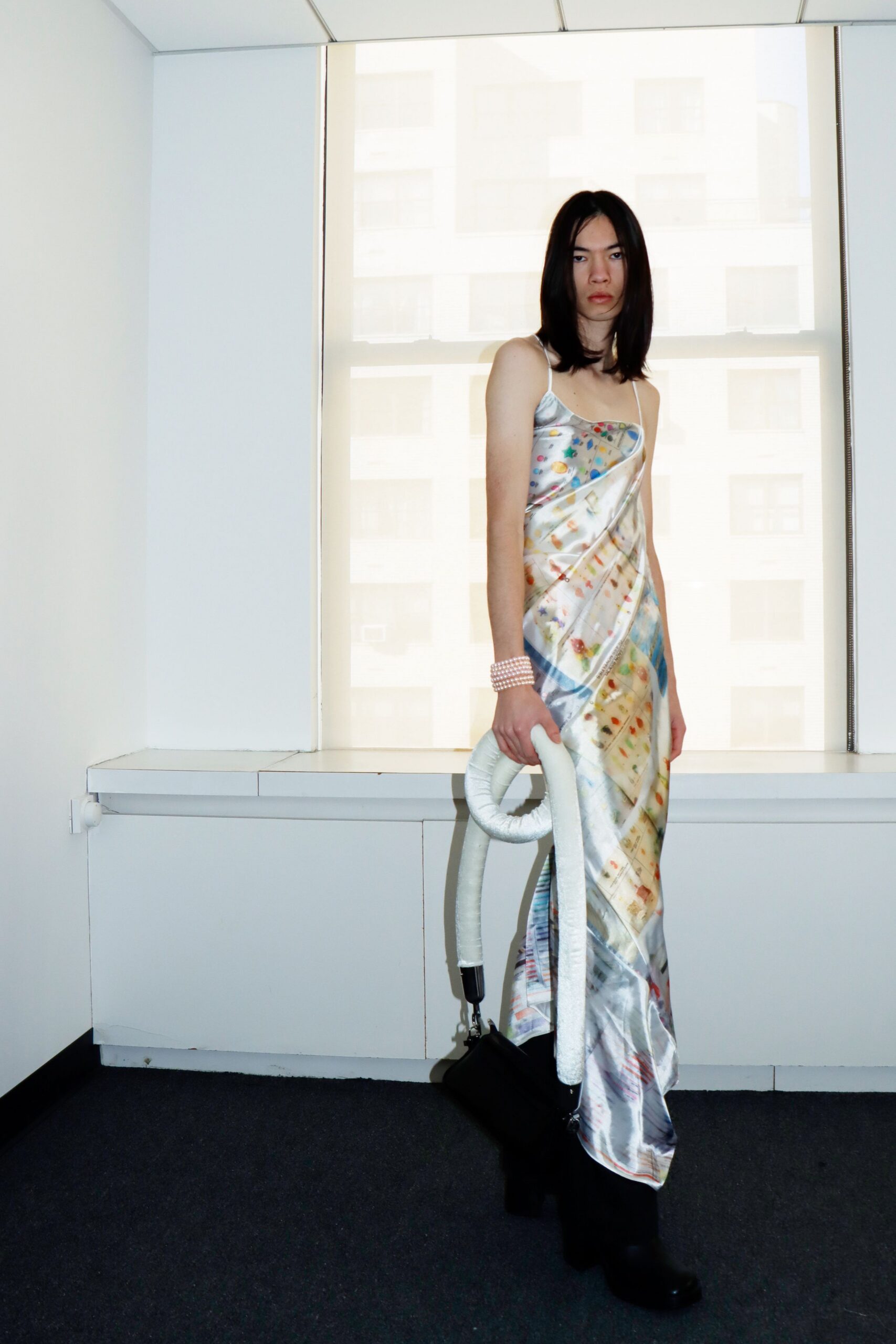 multi silk sleeveless fitted draped flowing maxi gown