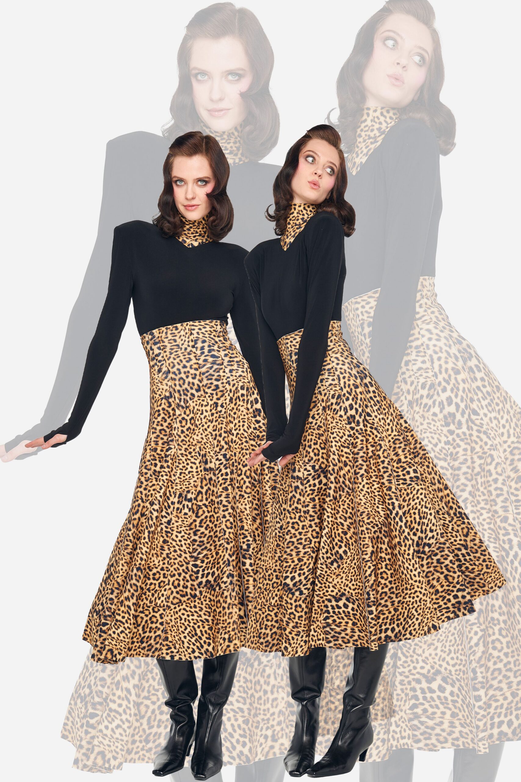 black and brown animal-print midi dress with boots