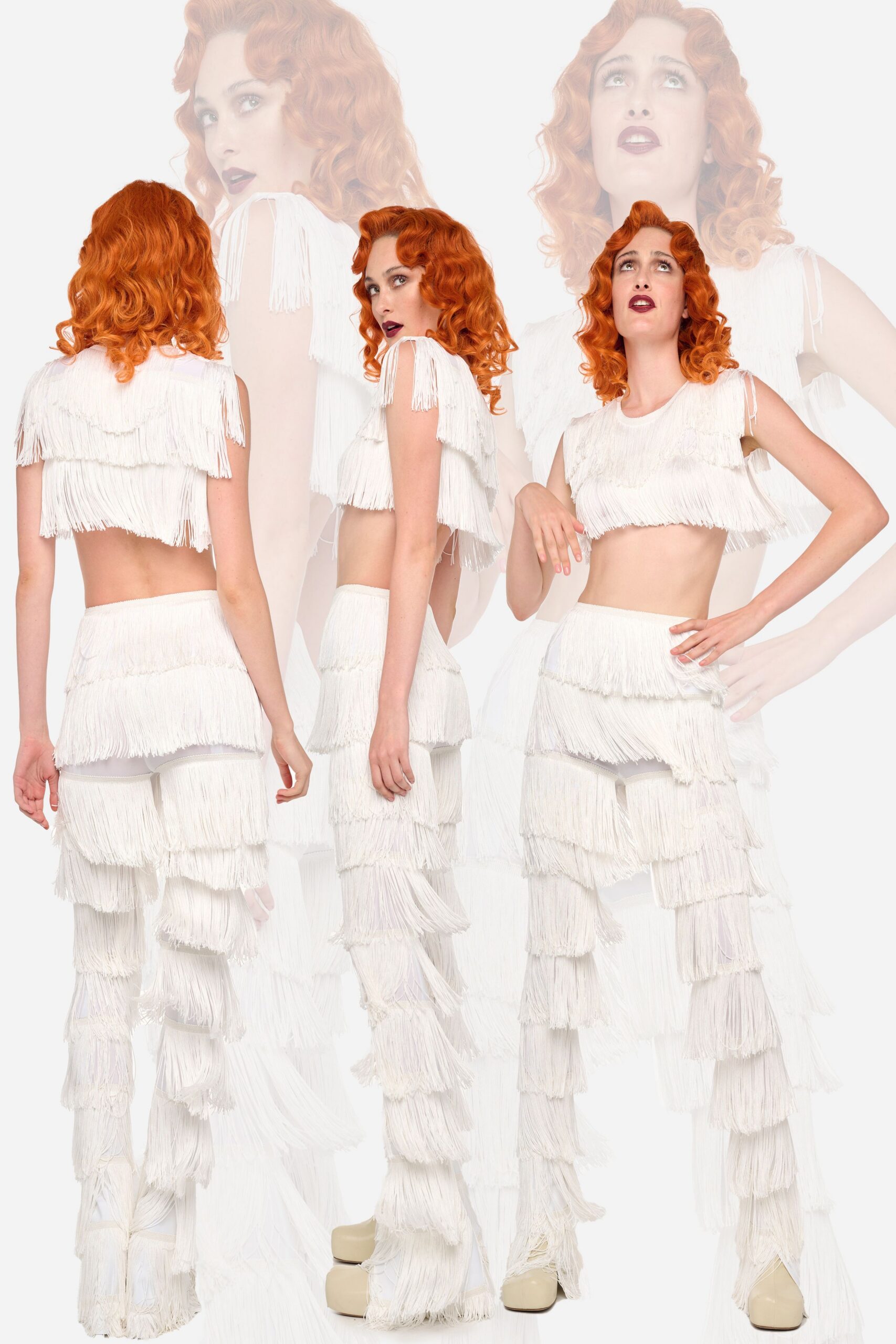 white fringed top and pants