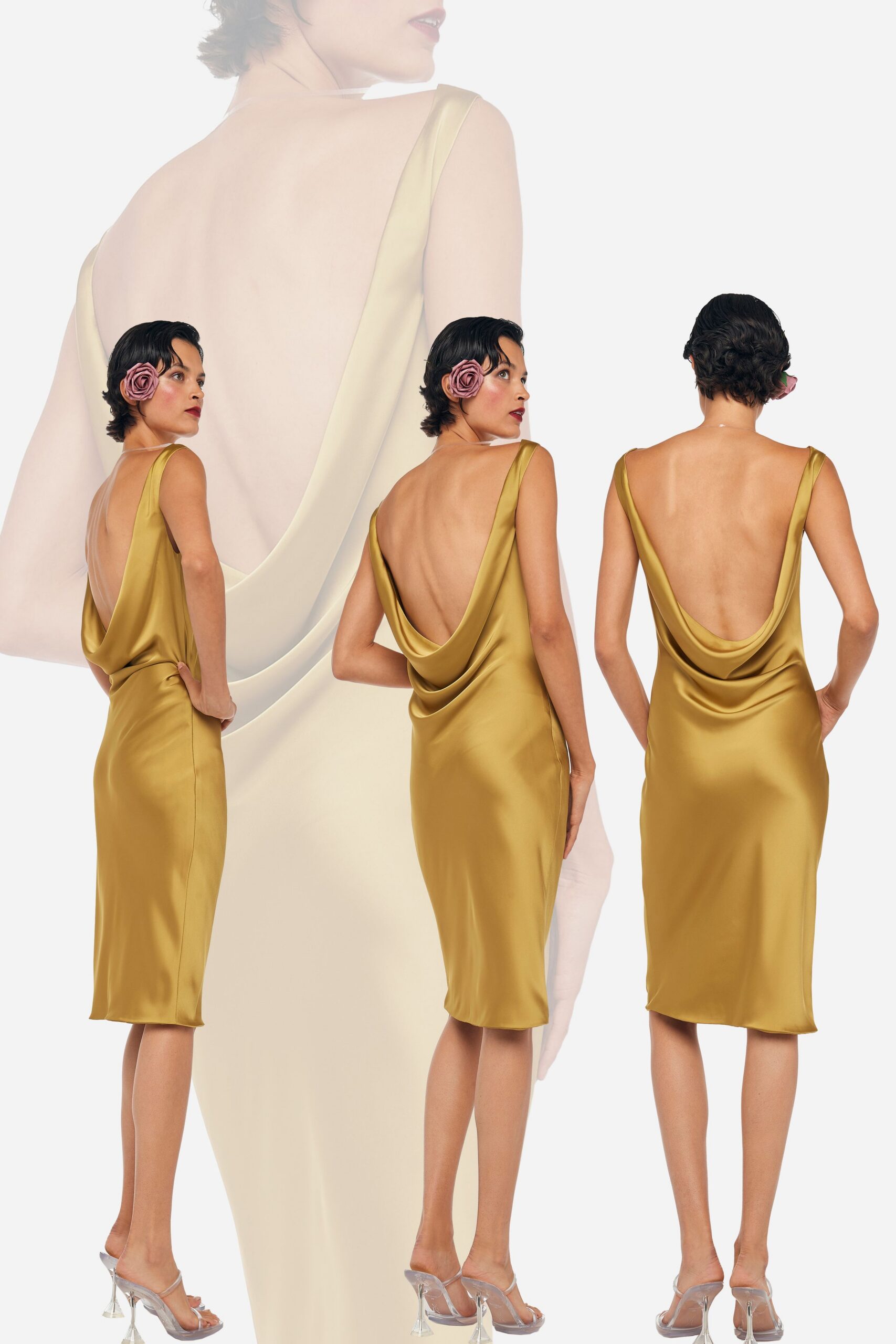 gold satin sleeveless v-neck fitted draped flowing dress