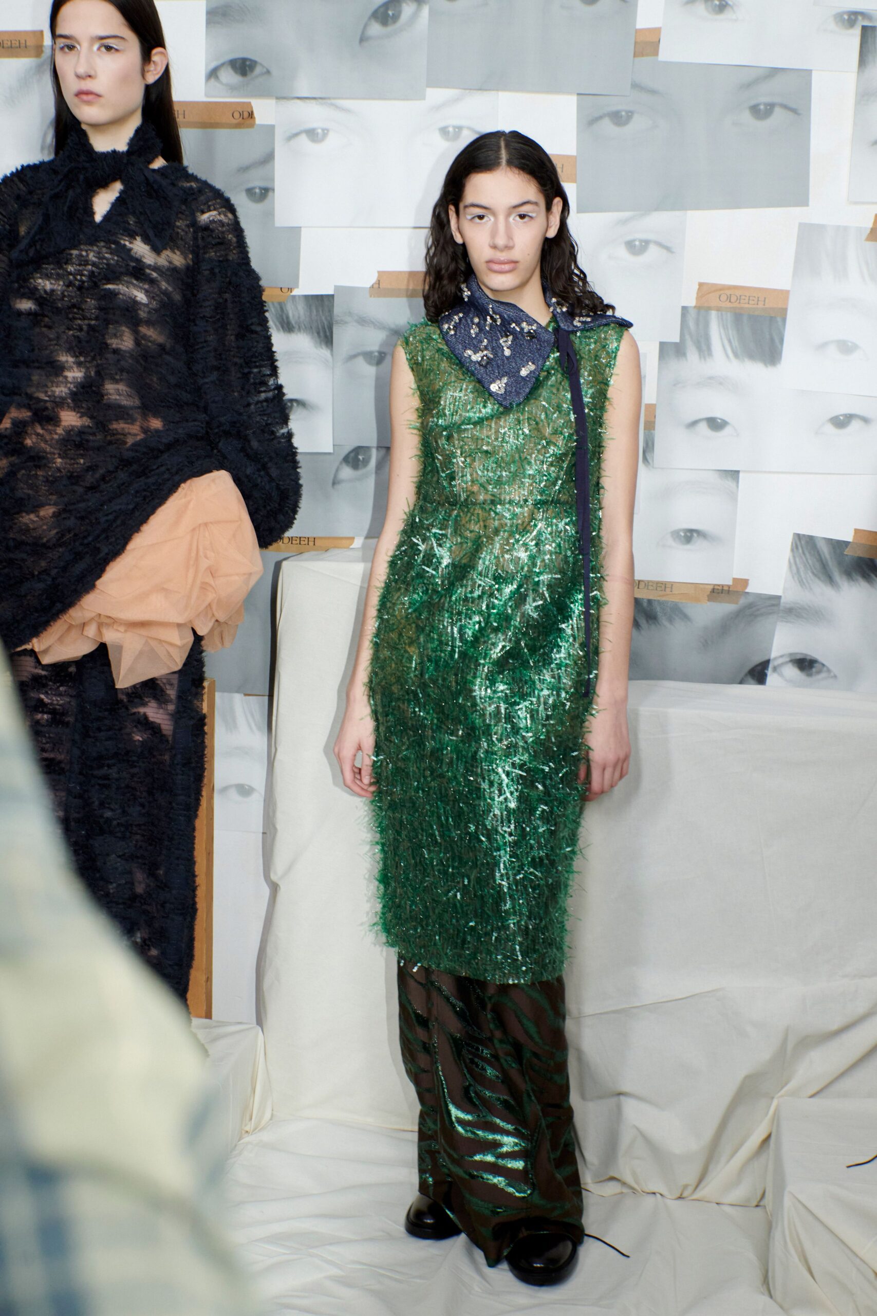 green silk sleeveless v-neck fitted layered shiny dress