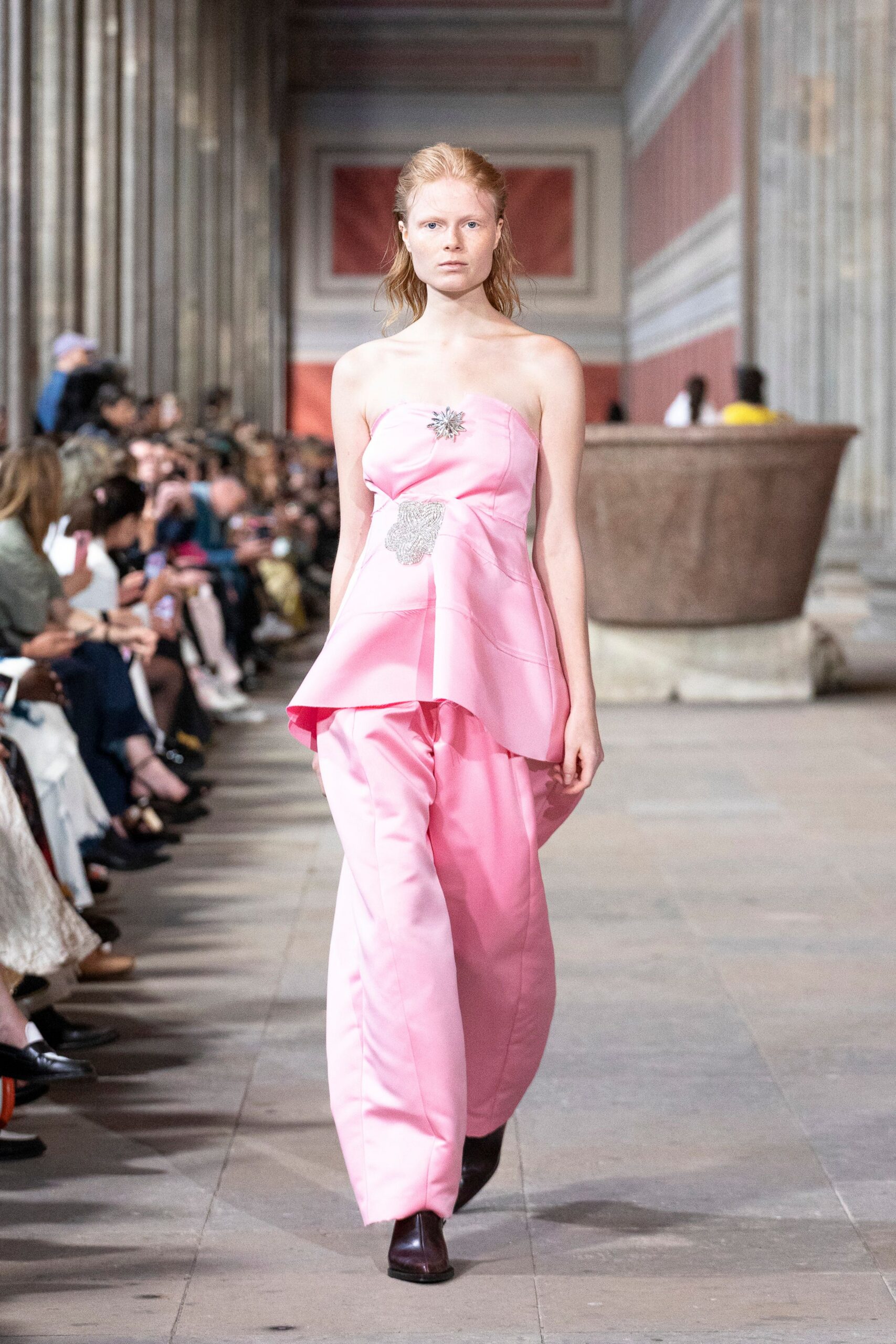 pink silk strapless fitted flared top