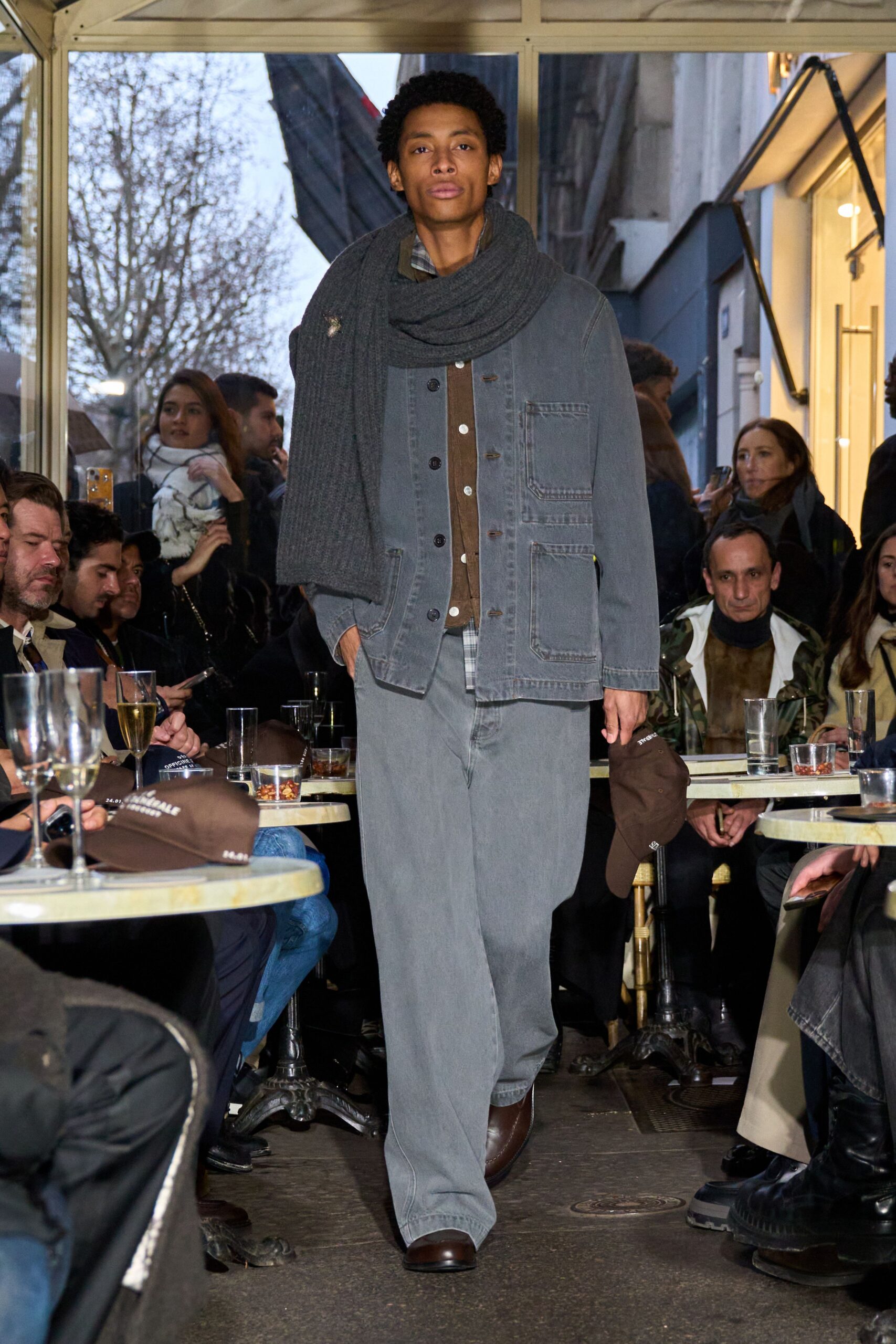 relaxed denim jacket with brown shirt