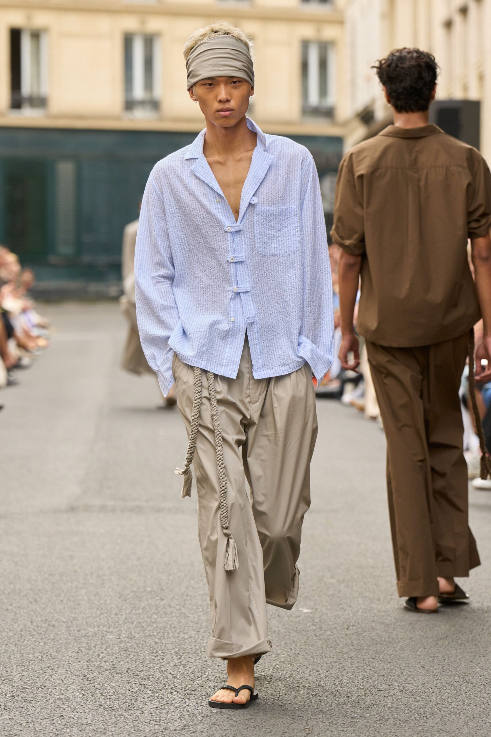 blue and white relaxed shirt with beige cargo pants