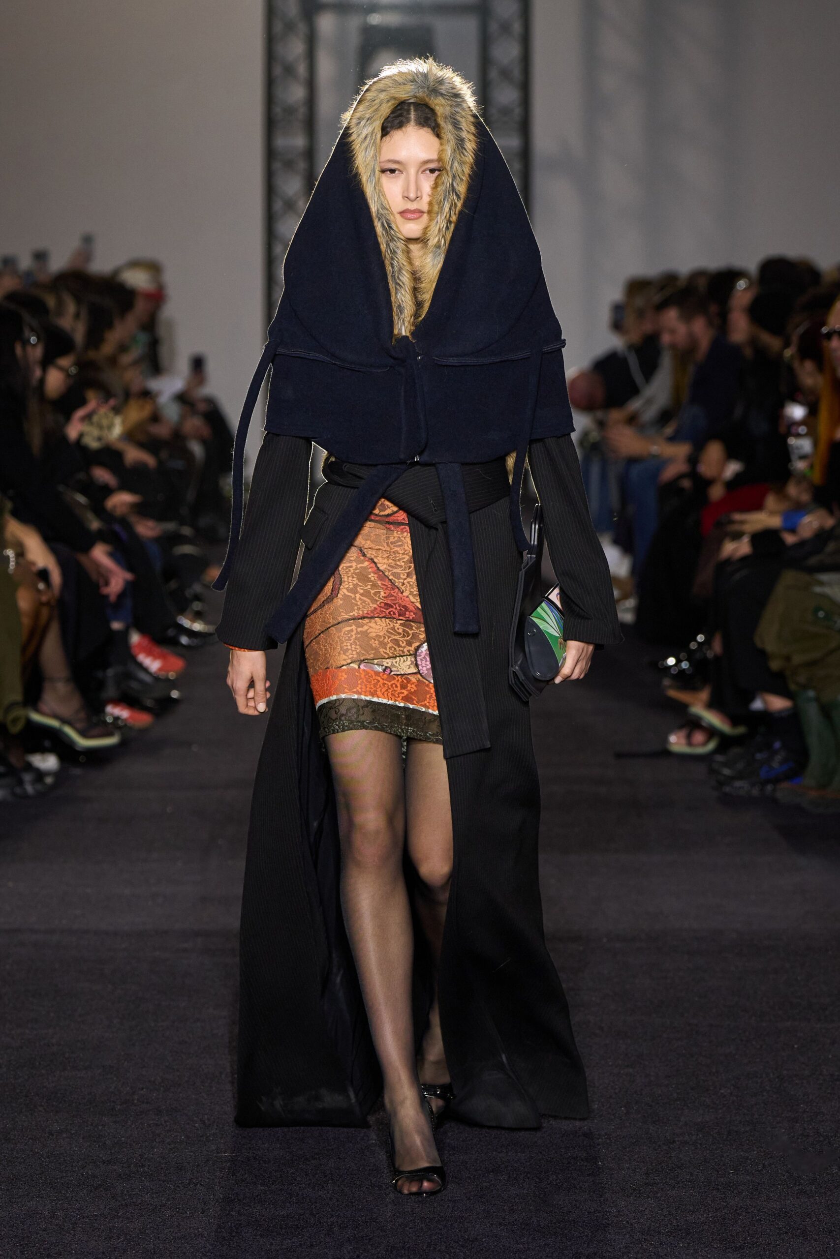 blue wool long-sleeve collared relaxed belted maxi coat