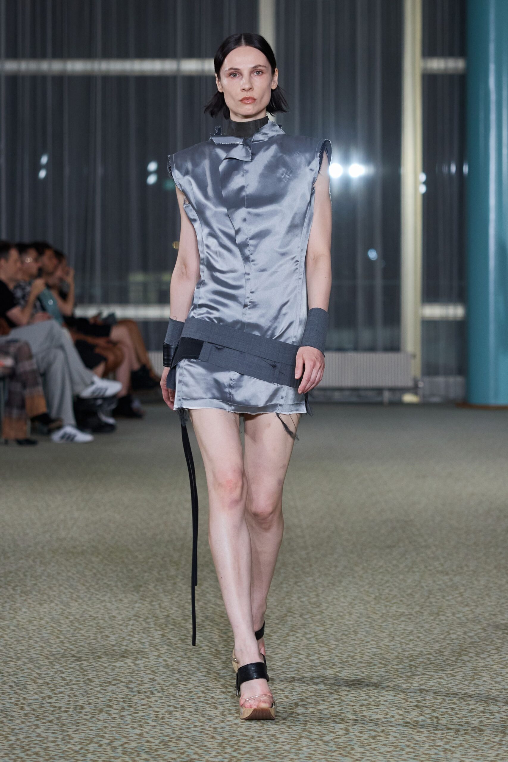 gray silk sleeveless high-neck fitted zippered layered dress