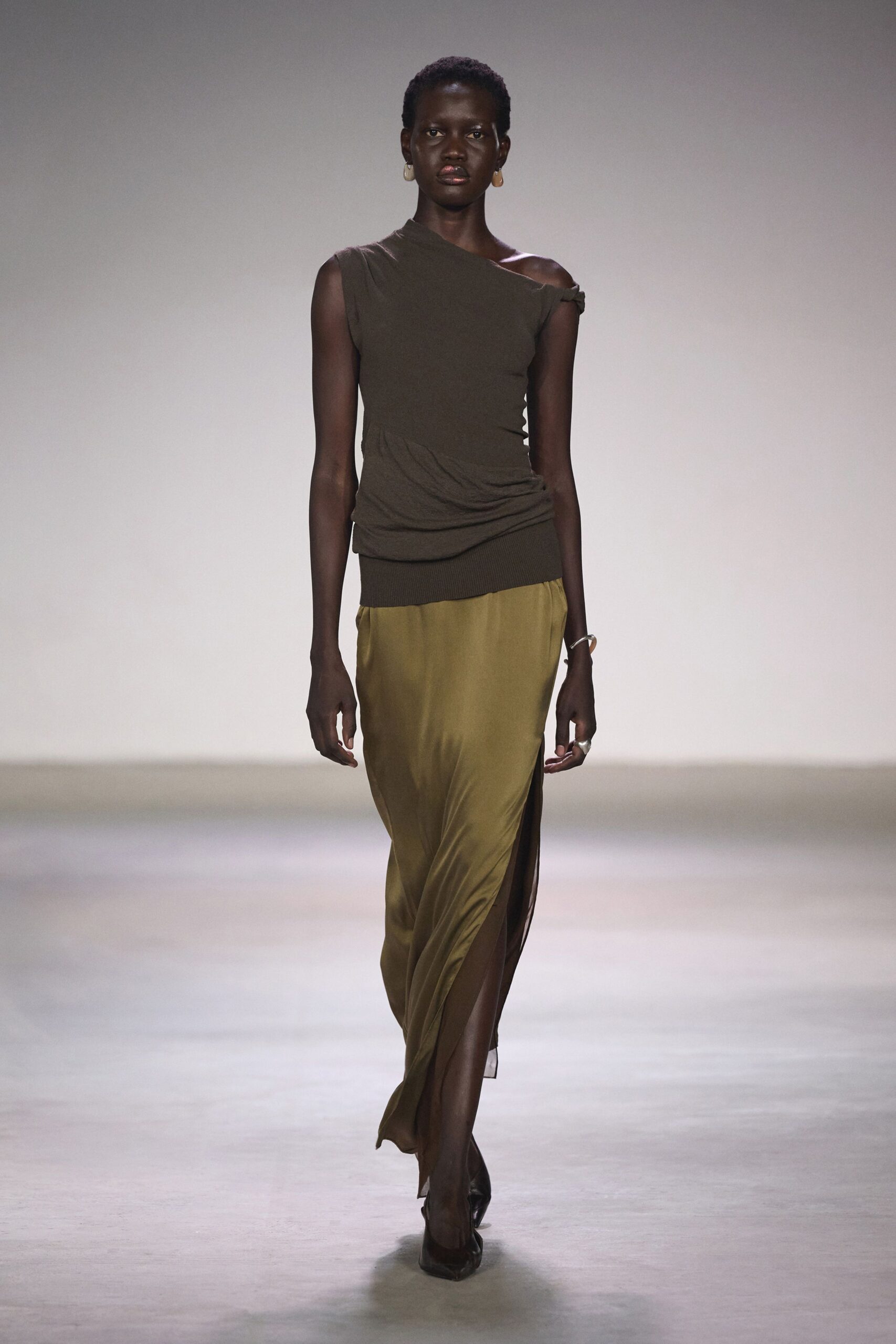 green silk slit fitted high-waisted flowing maxi skirt
