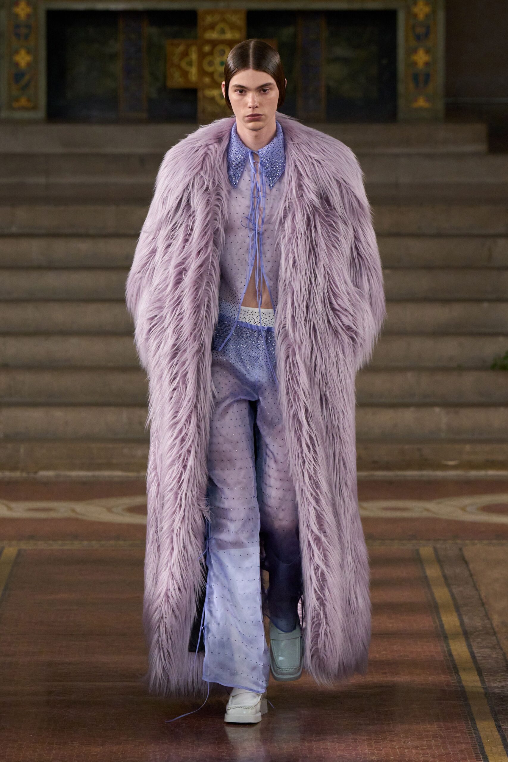 purple faux-fur coat with silk top and pants