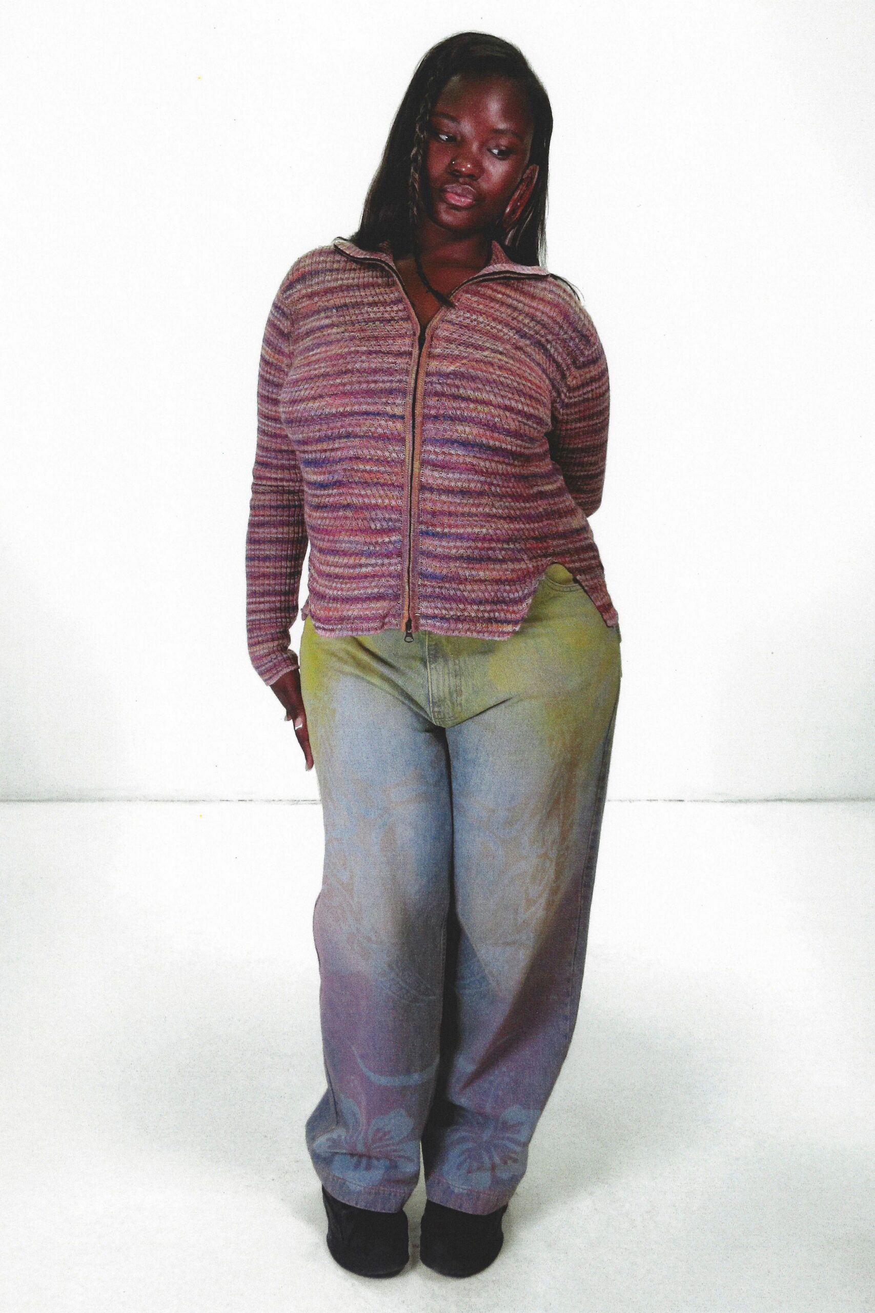 purple cotton long-sleeve relaxed zippered striped cardigan