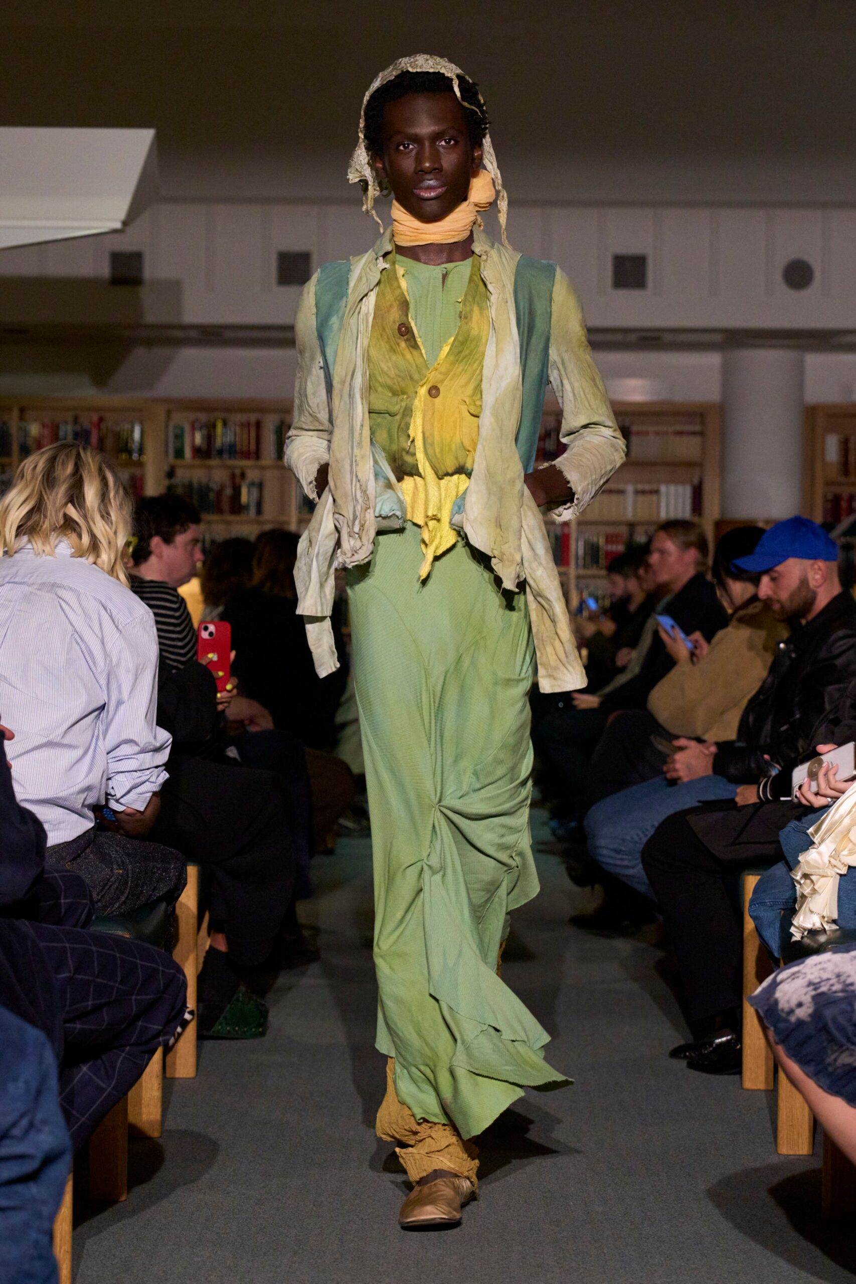 green cotton long-sleeve collared relaxed layered maxi dress