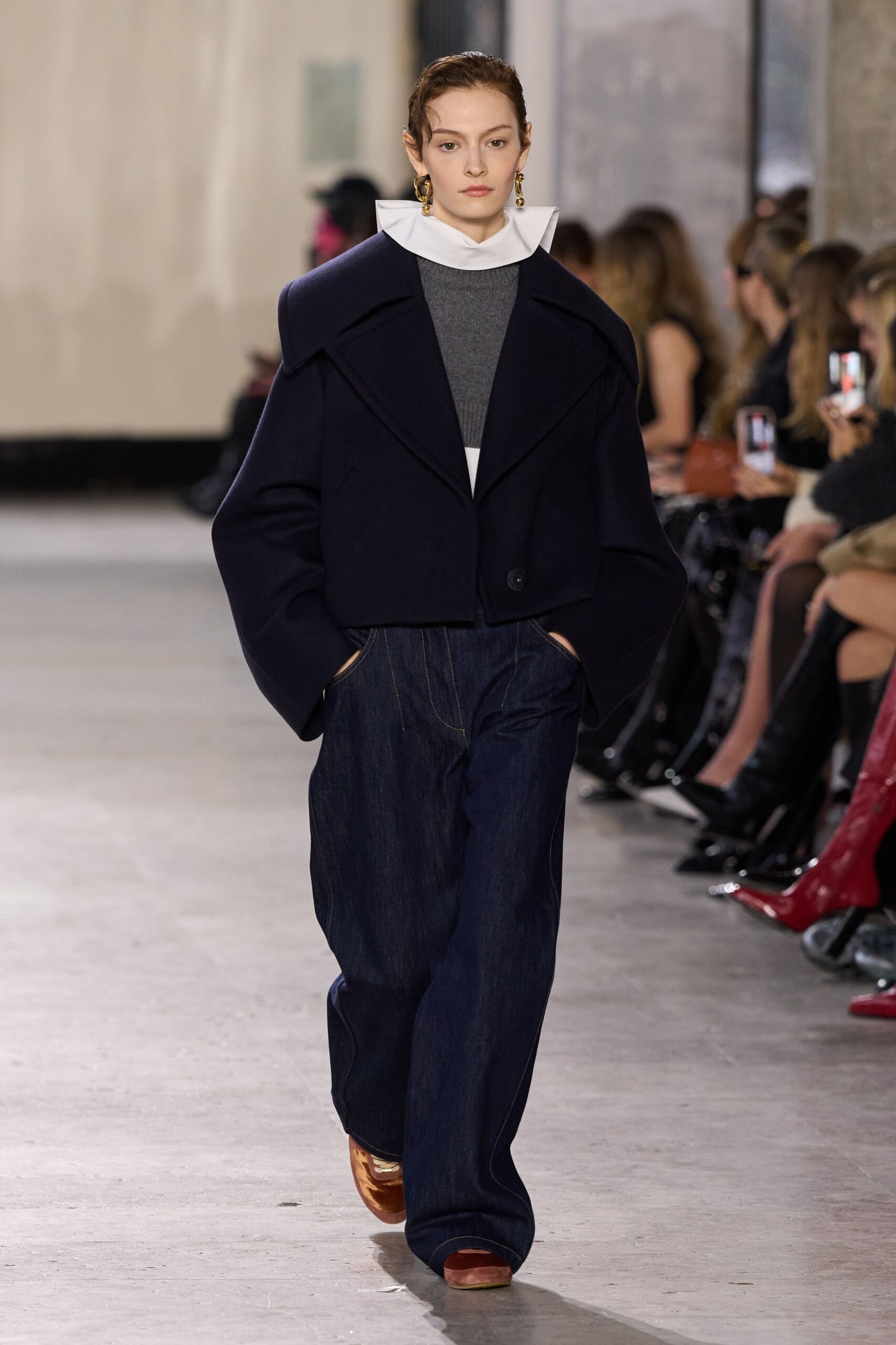 blue wool long-sleeve collared oversized buttoned jacket