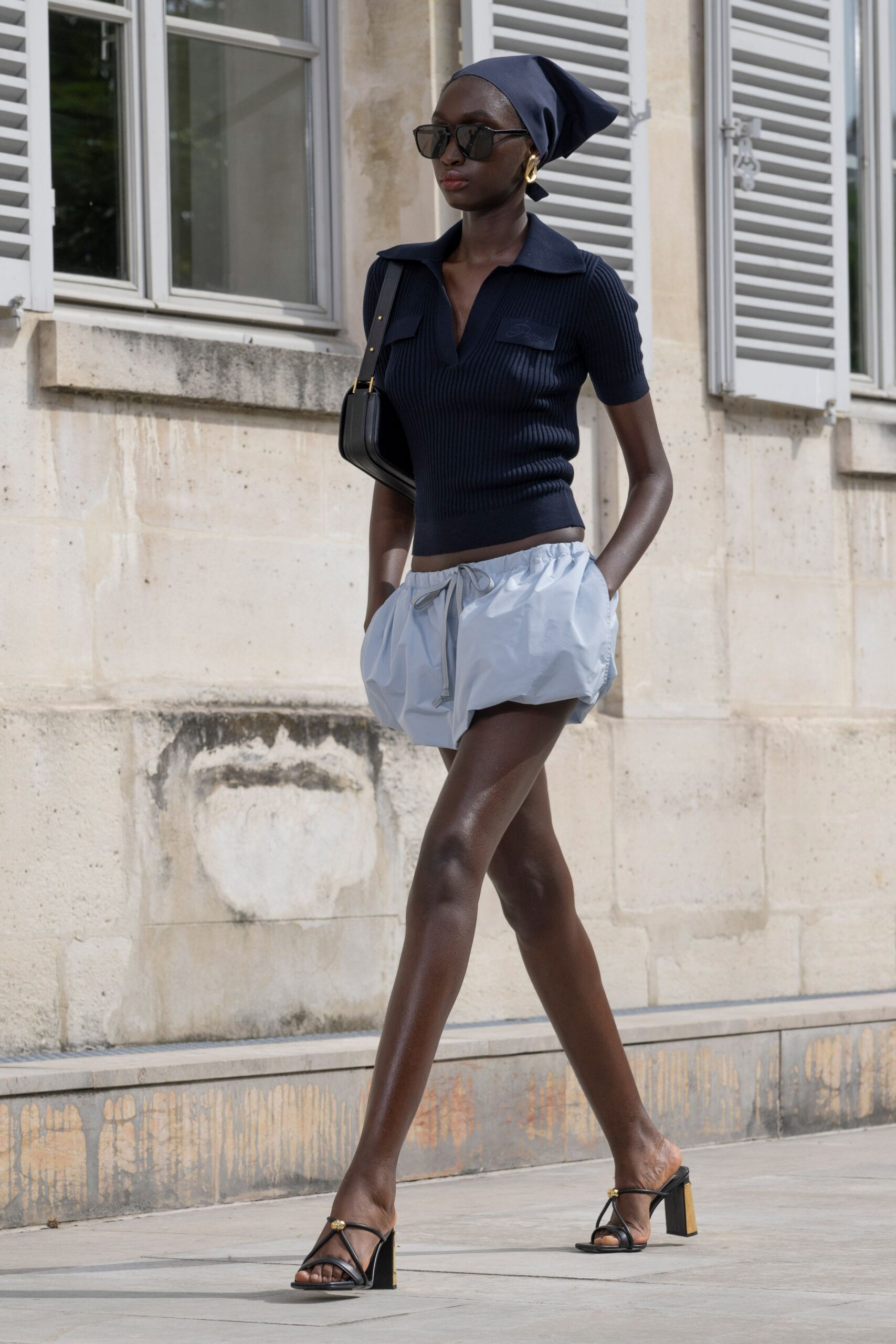 blue cotton short-sleeve collared fitted ribbed top