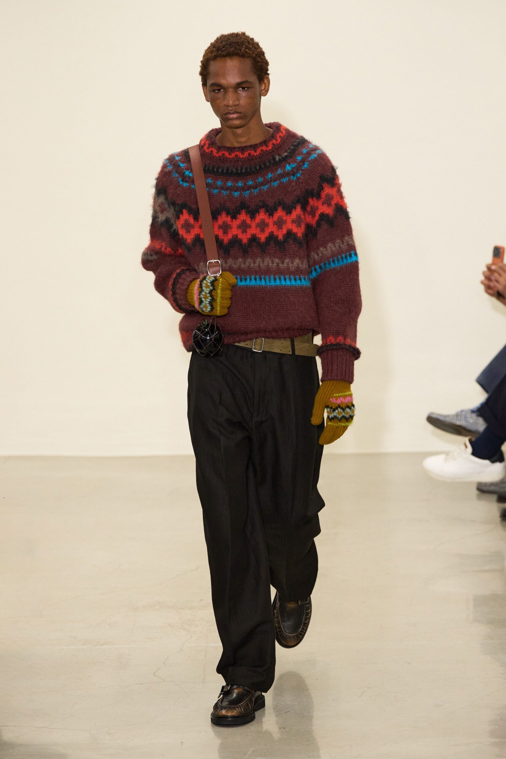 red wool long-sleeve collared relaxed sweater