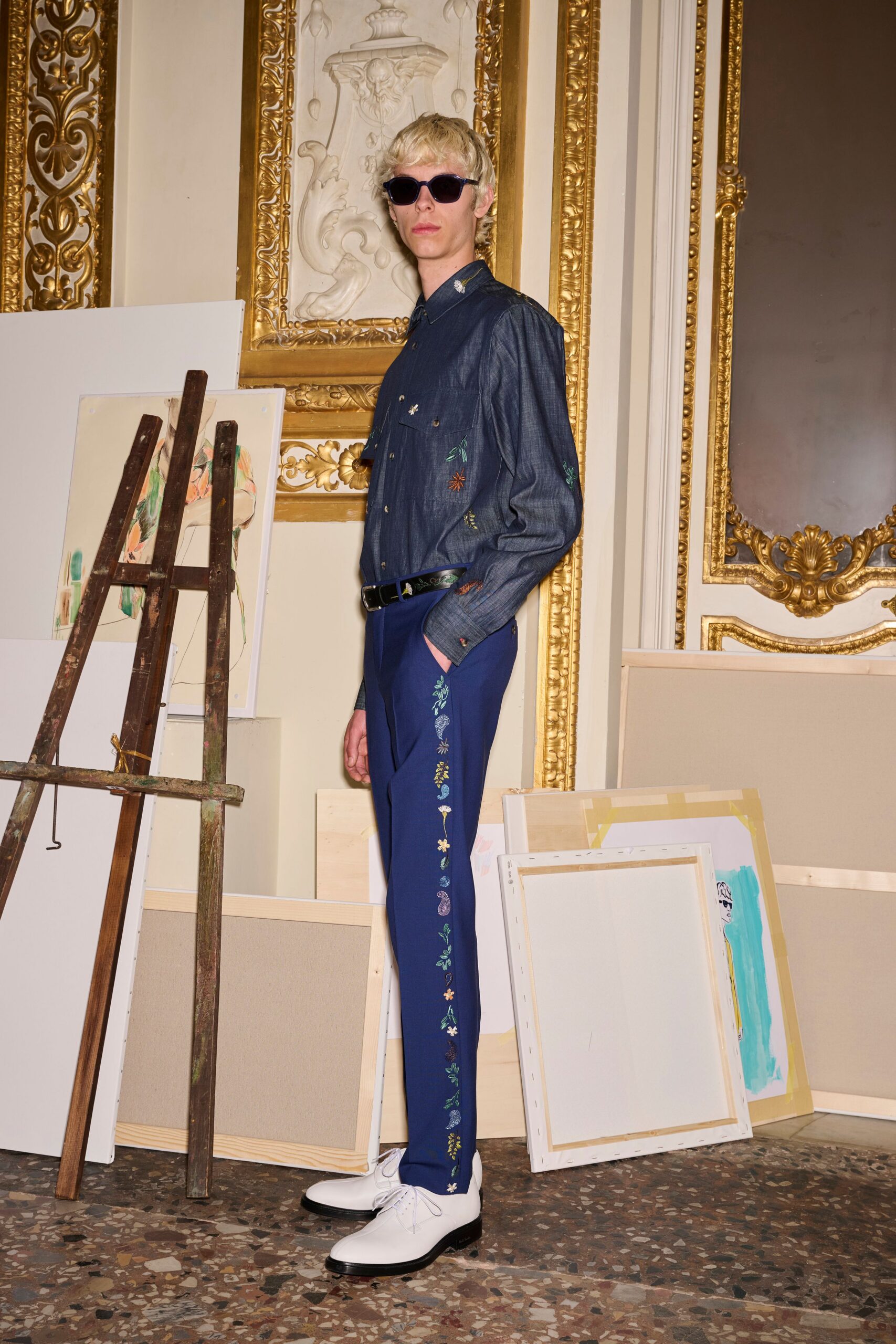 blue denim long-sleeve collared relaxed embroidered shirt