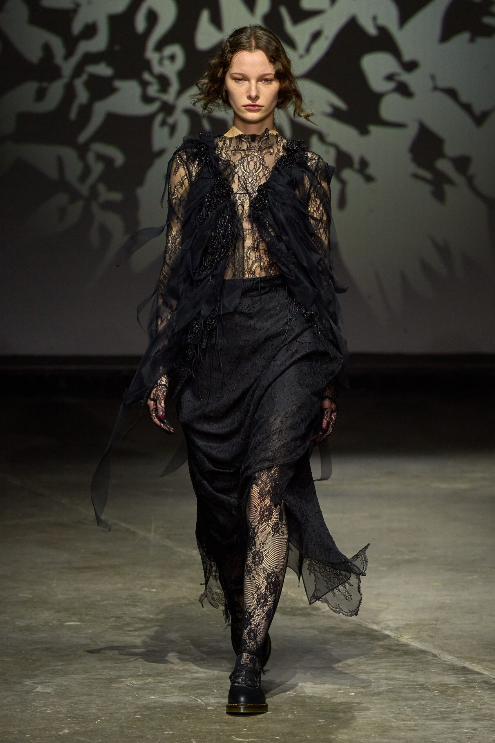 black lace long-sleeve v-neck fitted layered fringed dress