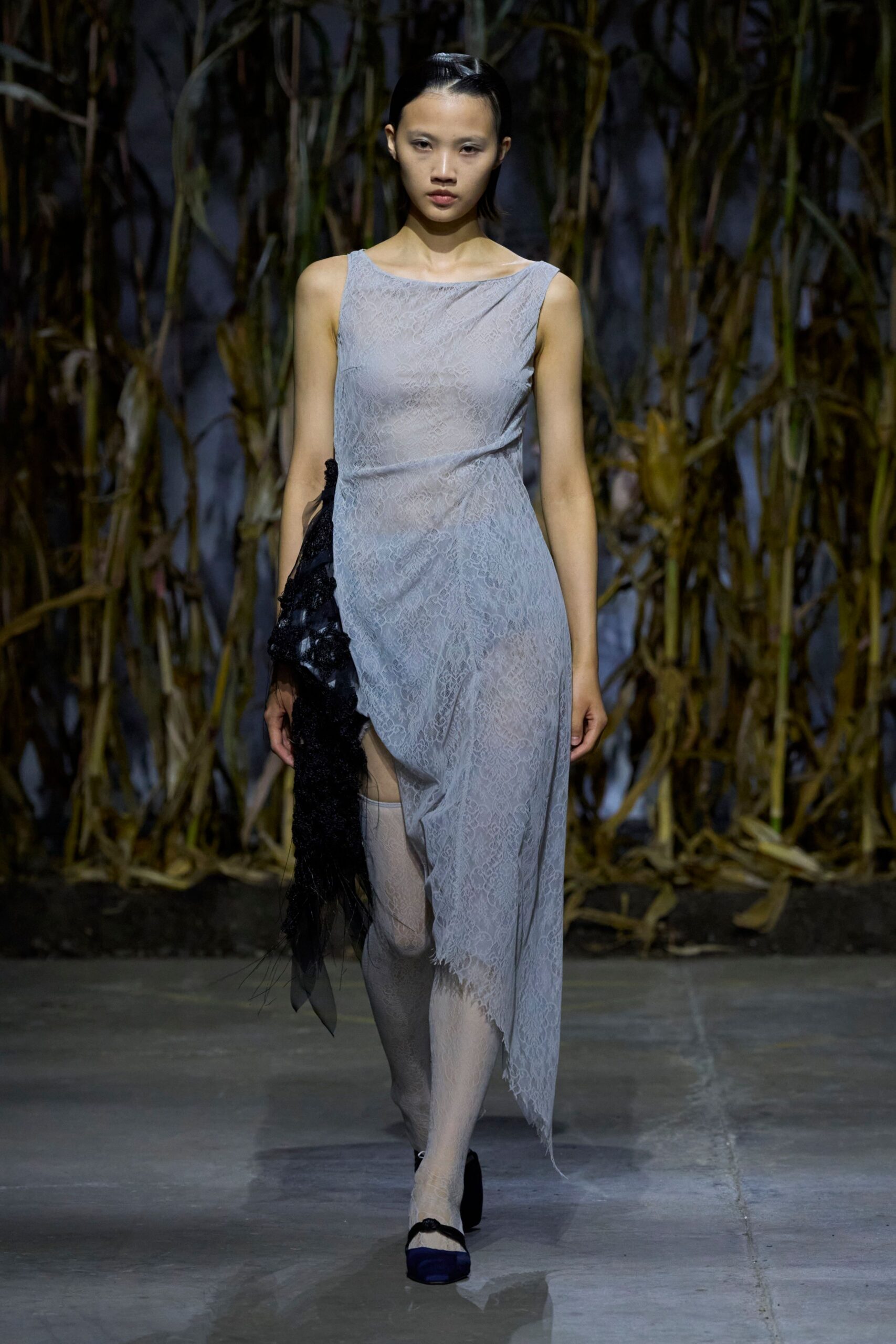 gray lace sleeveless v-neck fitted layered fringed dress