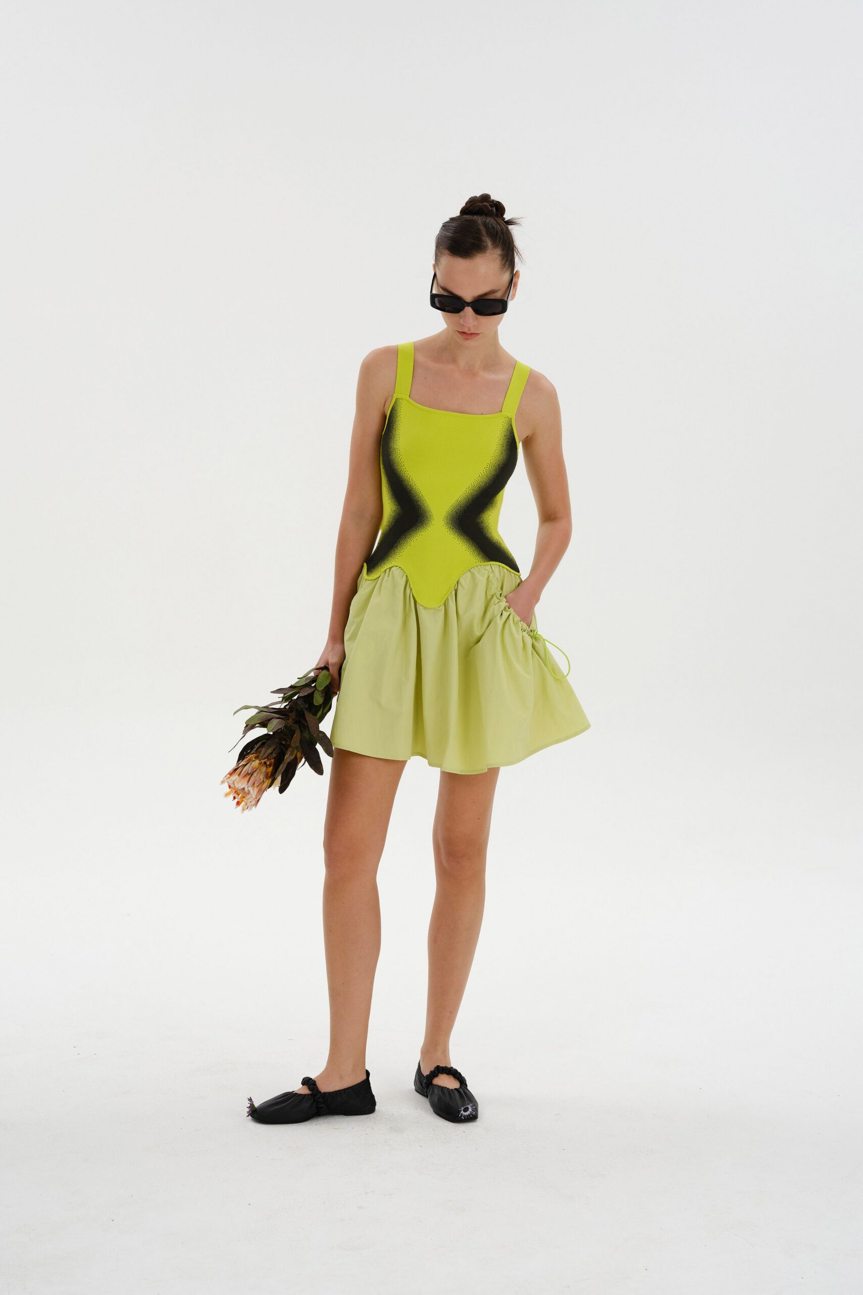 yellow cotton sleeveless square-neck fitted pleated mini dress