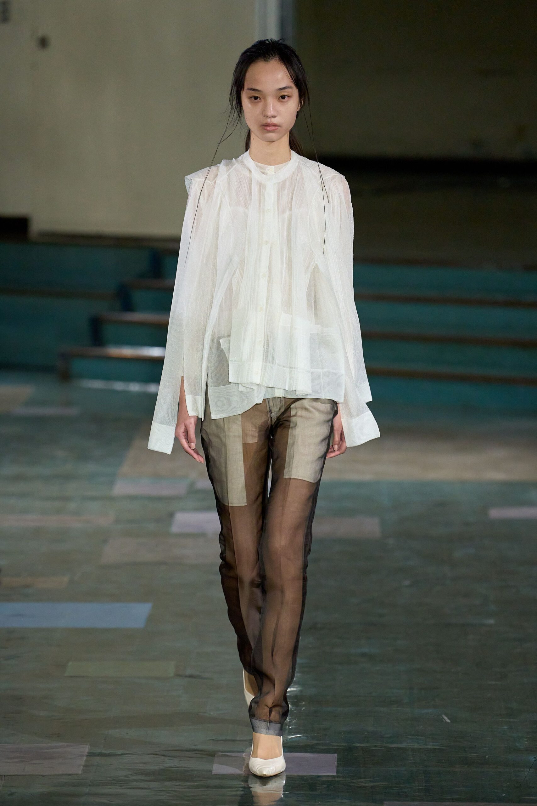 white silk long-sleeve collared relaxed pleated sheer blouse