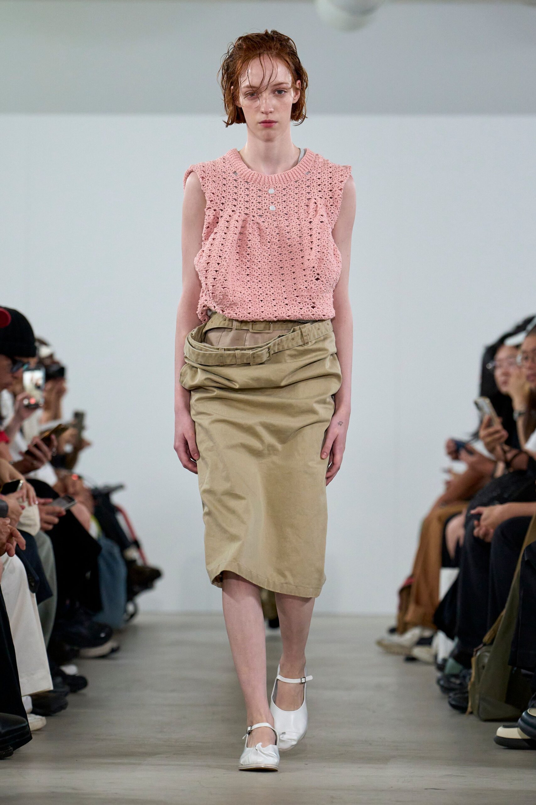 pink embroidered top beige skirt