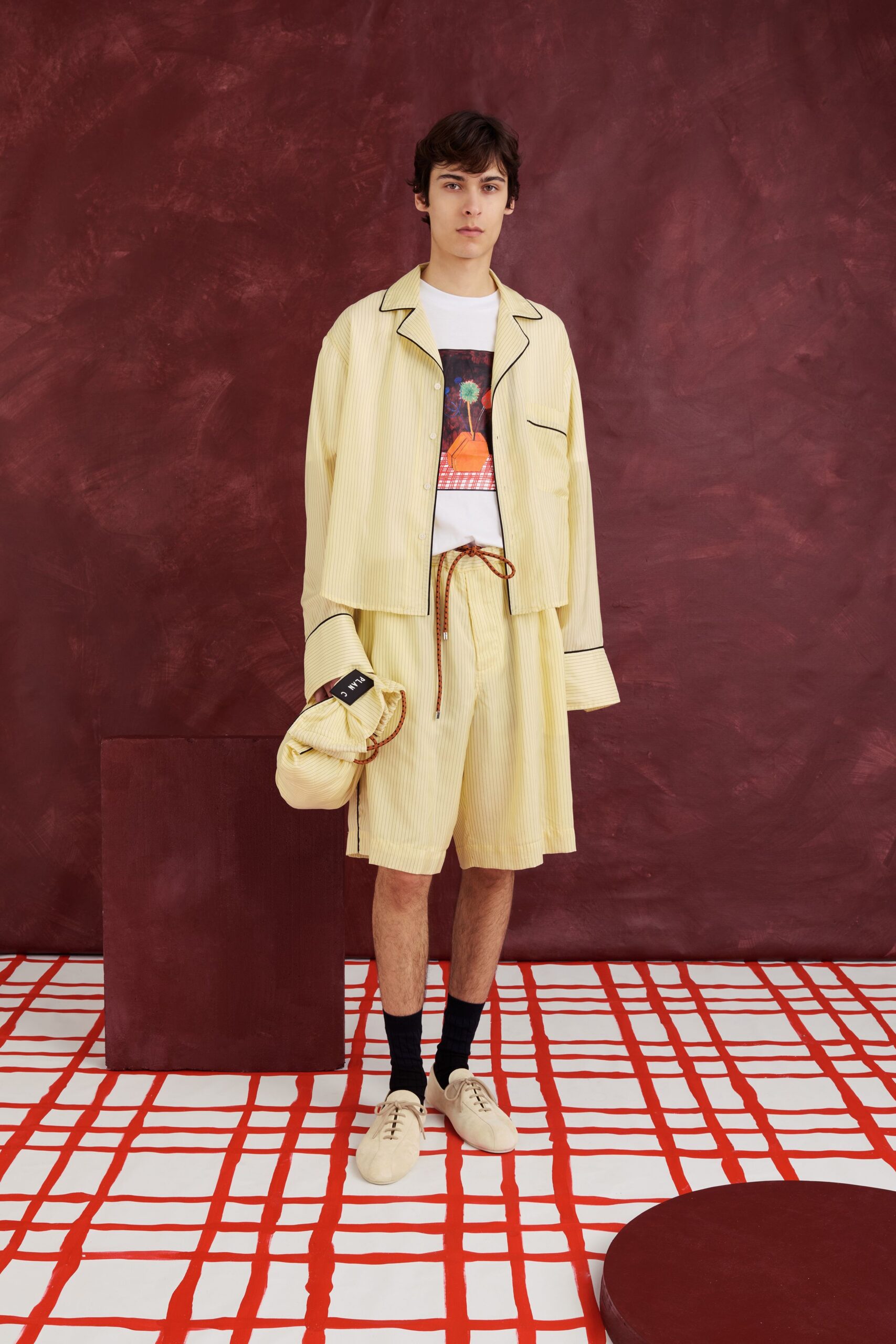 yellow cotton long-sleeve collared relaxed striped jacket