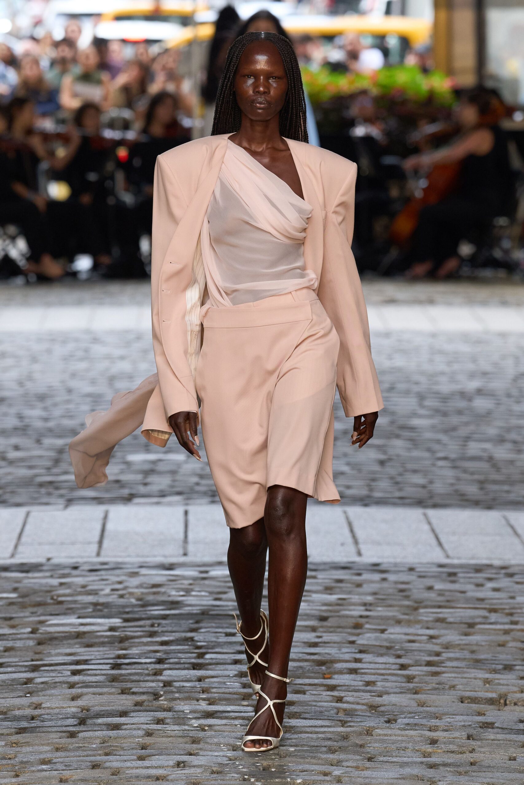 beige silk long-sleeve collared structured blazer