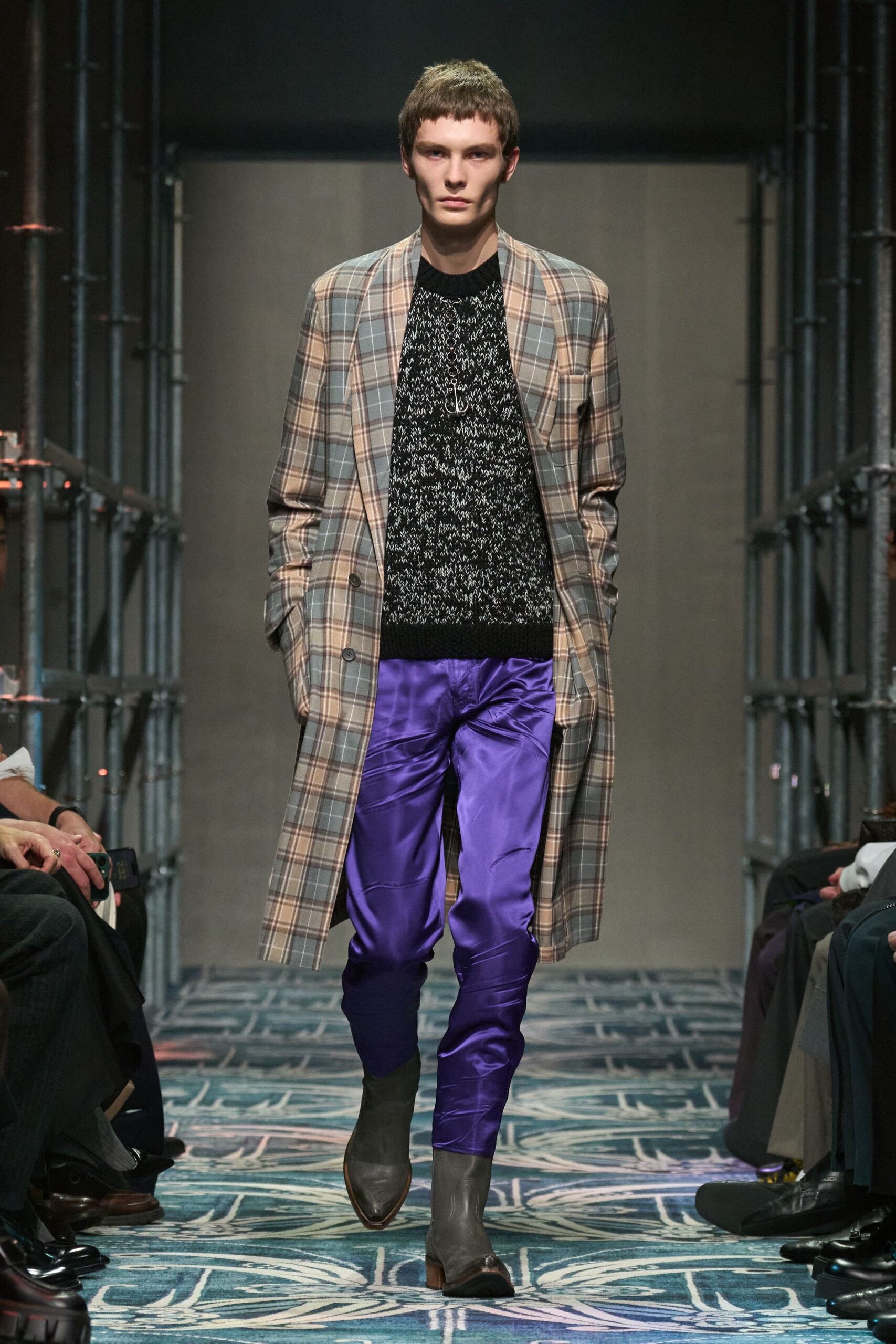 purple silk slim straight-leg pants