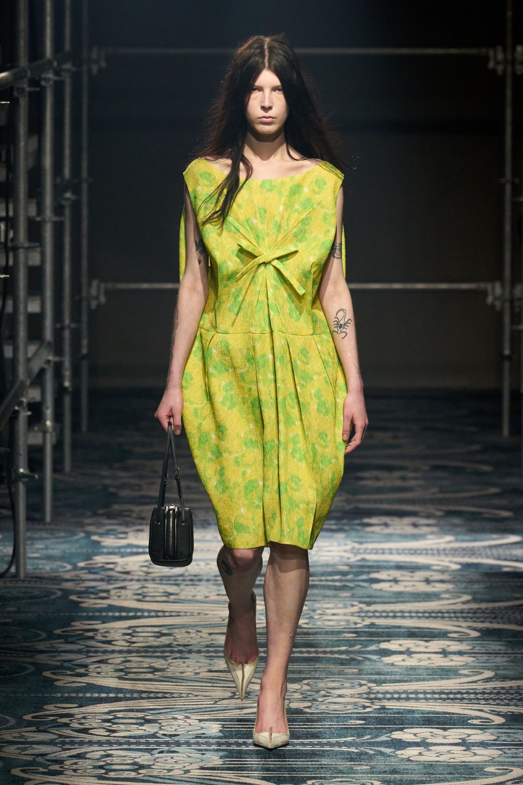 yellow silk sleeveless v-neck relaxed pleated midi dress