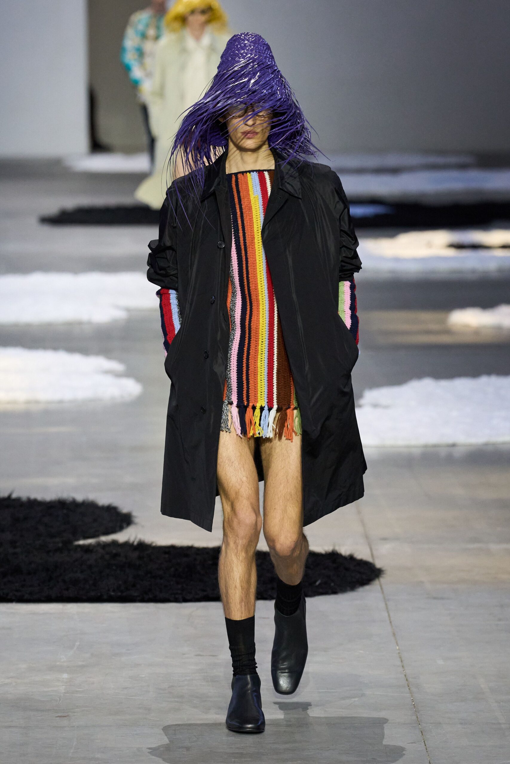 black coat multi-colored dress