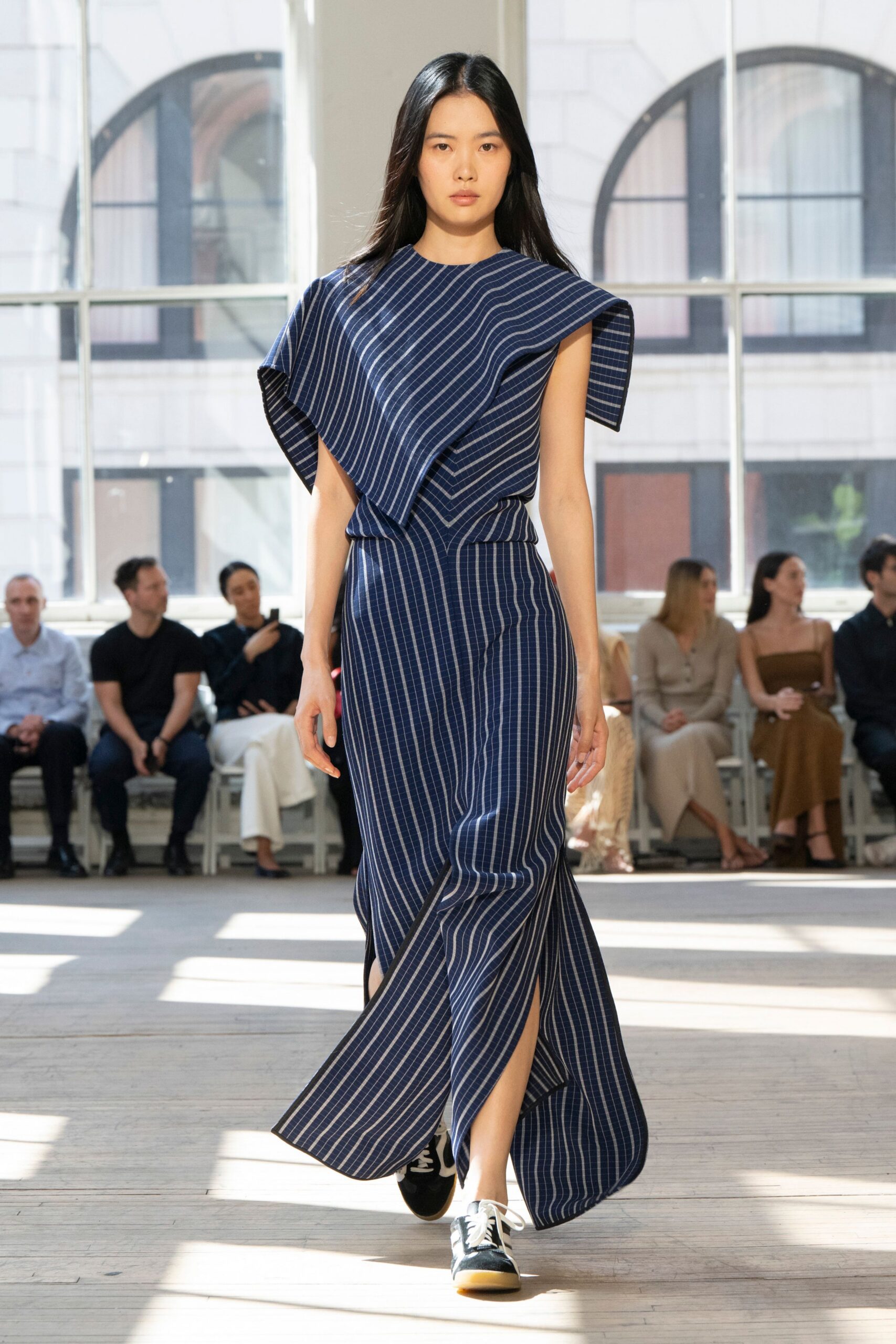 blue and white striped maxi dress with sneakers