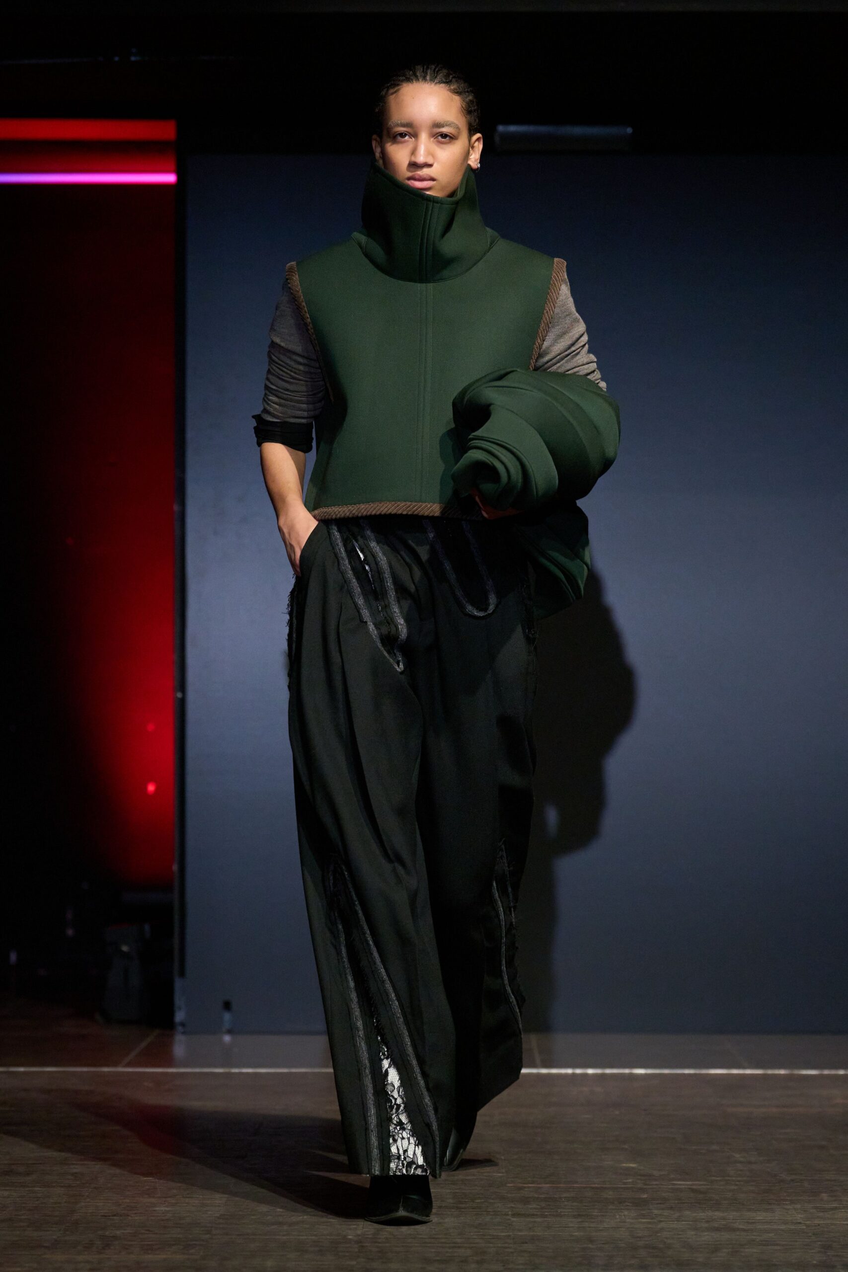 green cotton long-sleeve high-neck fitted layered top
