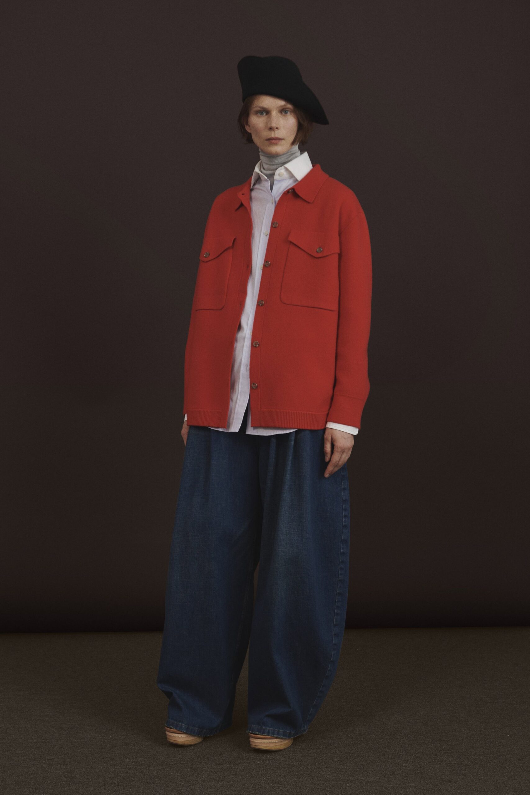 red cotton long-sleeve collared relaxed buttoned pockets jacket