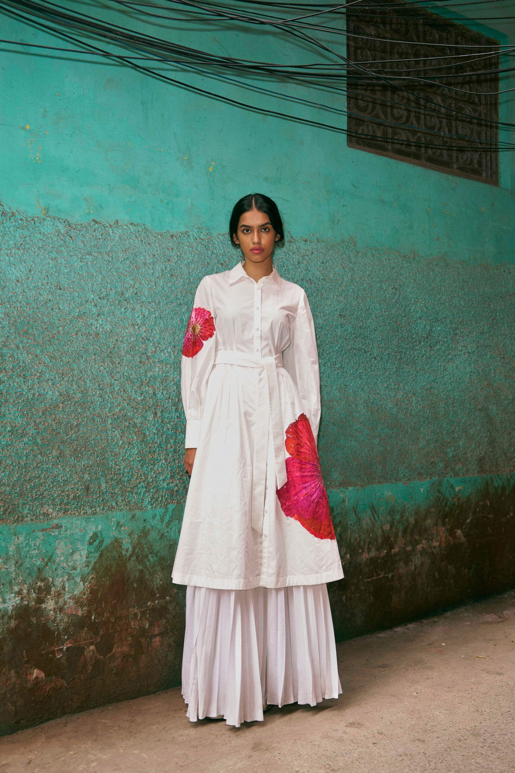 white cotton long-sleeve collared relaxed embroidered midi shirt-dress