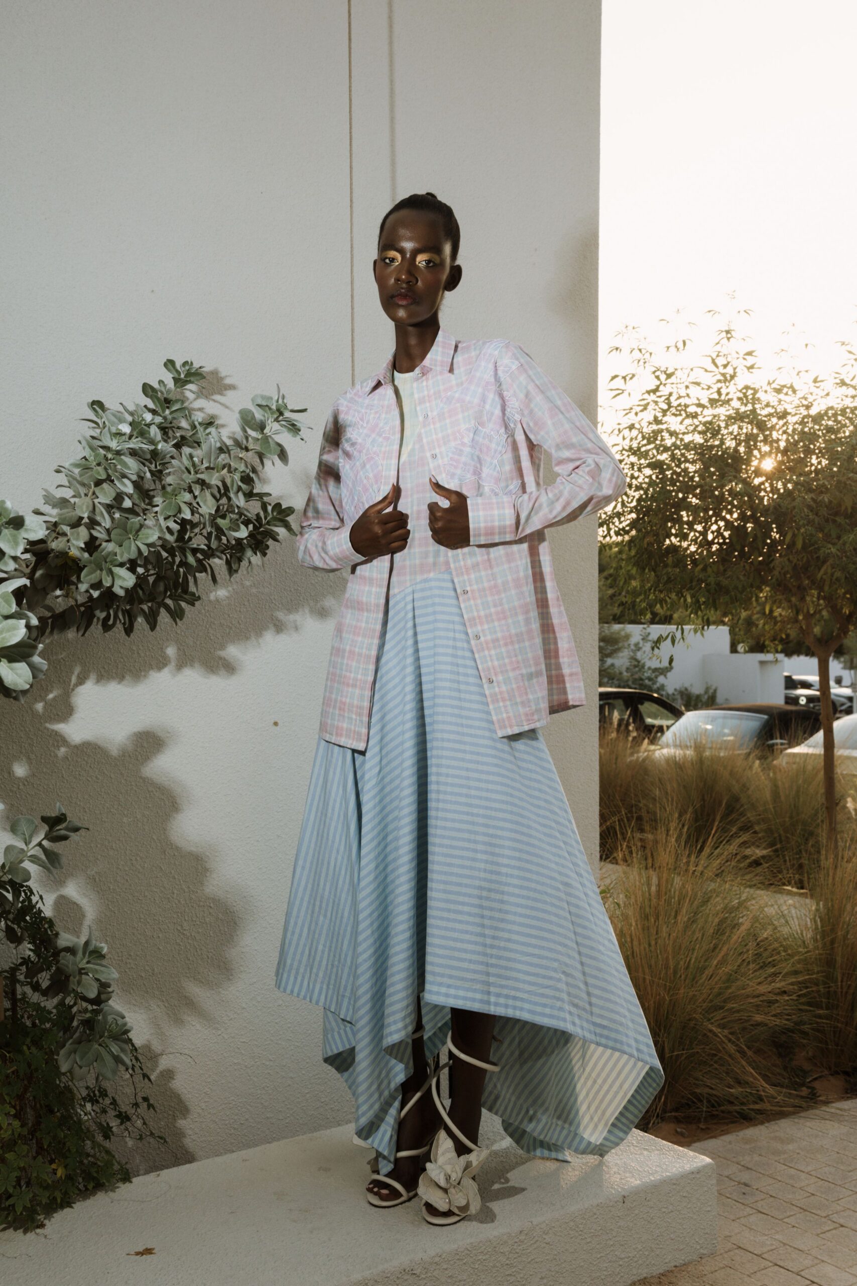 pink long-sleeve collared relaxed checked shirt