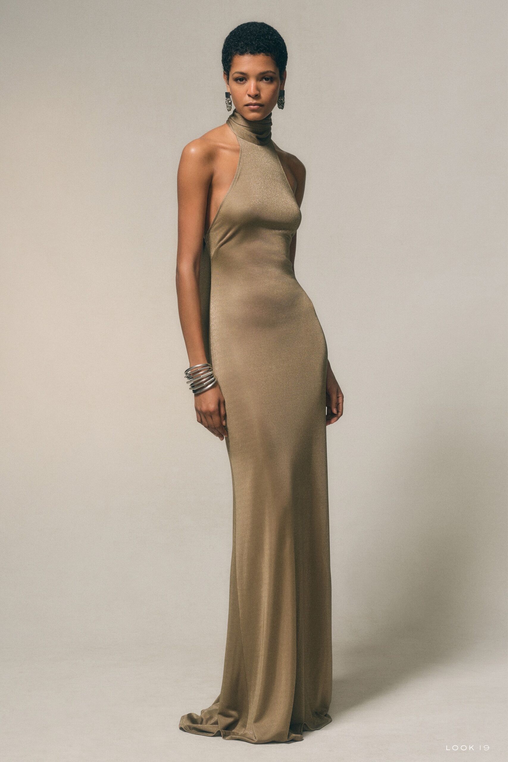 fitted gold silk gown