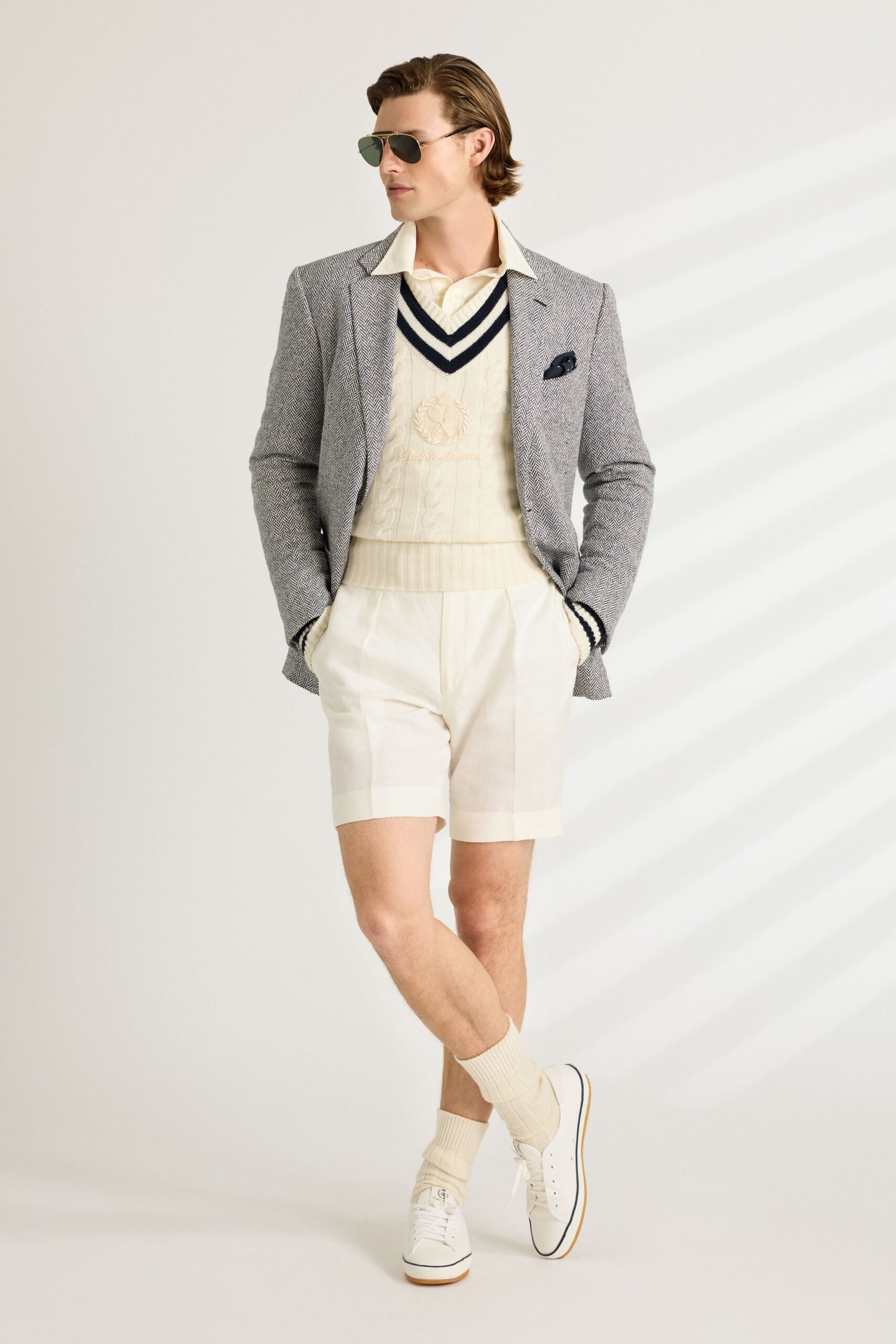 gray tailored blazer with ivory sweater