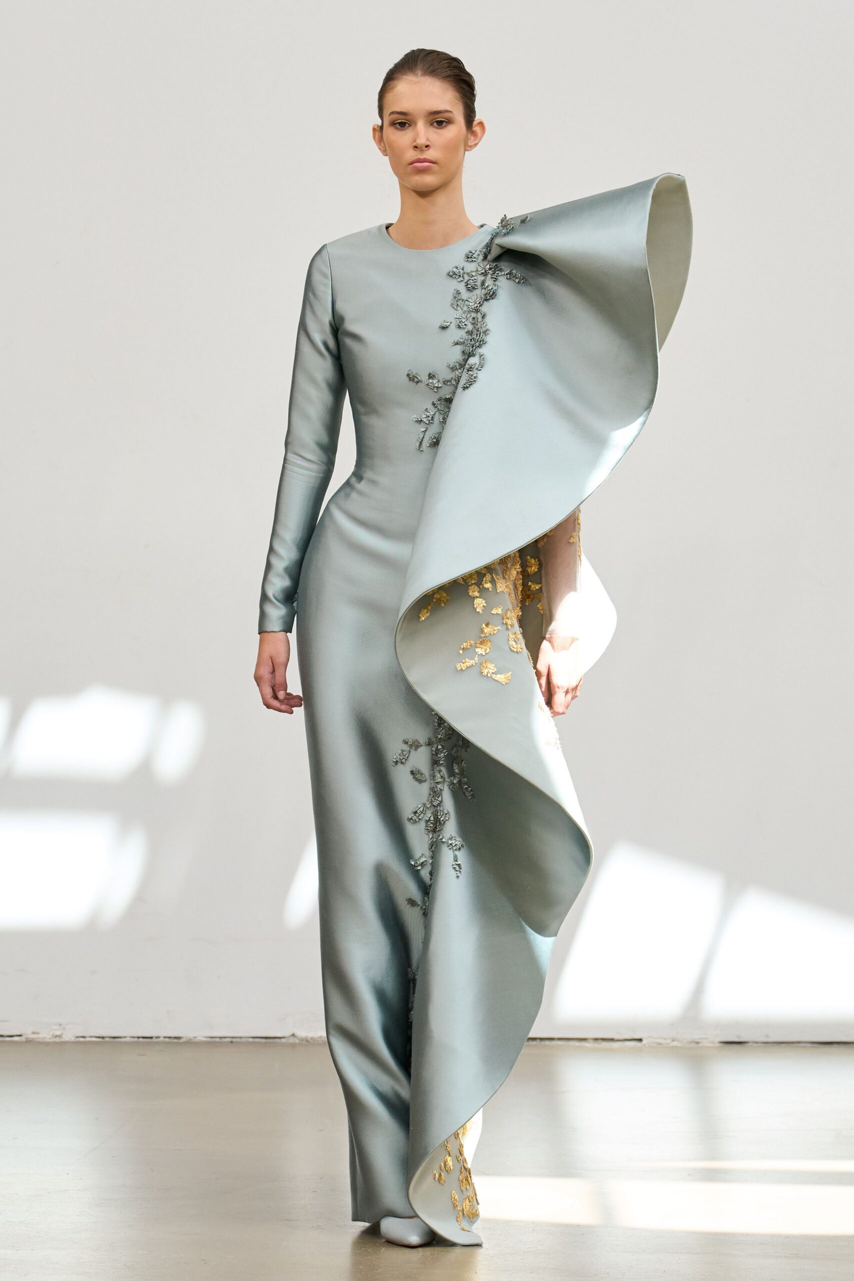blue silk fitted gown