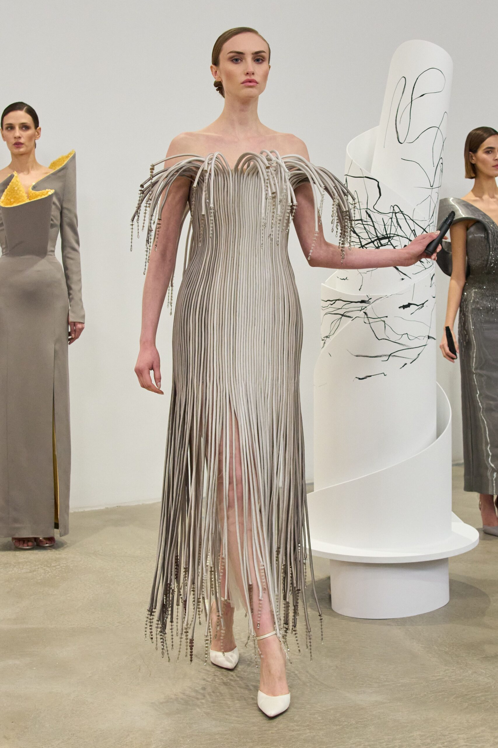 gray silk strapless slit fitted fringed maxi gown