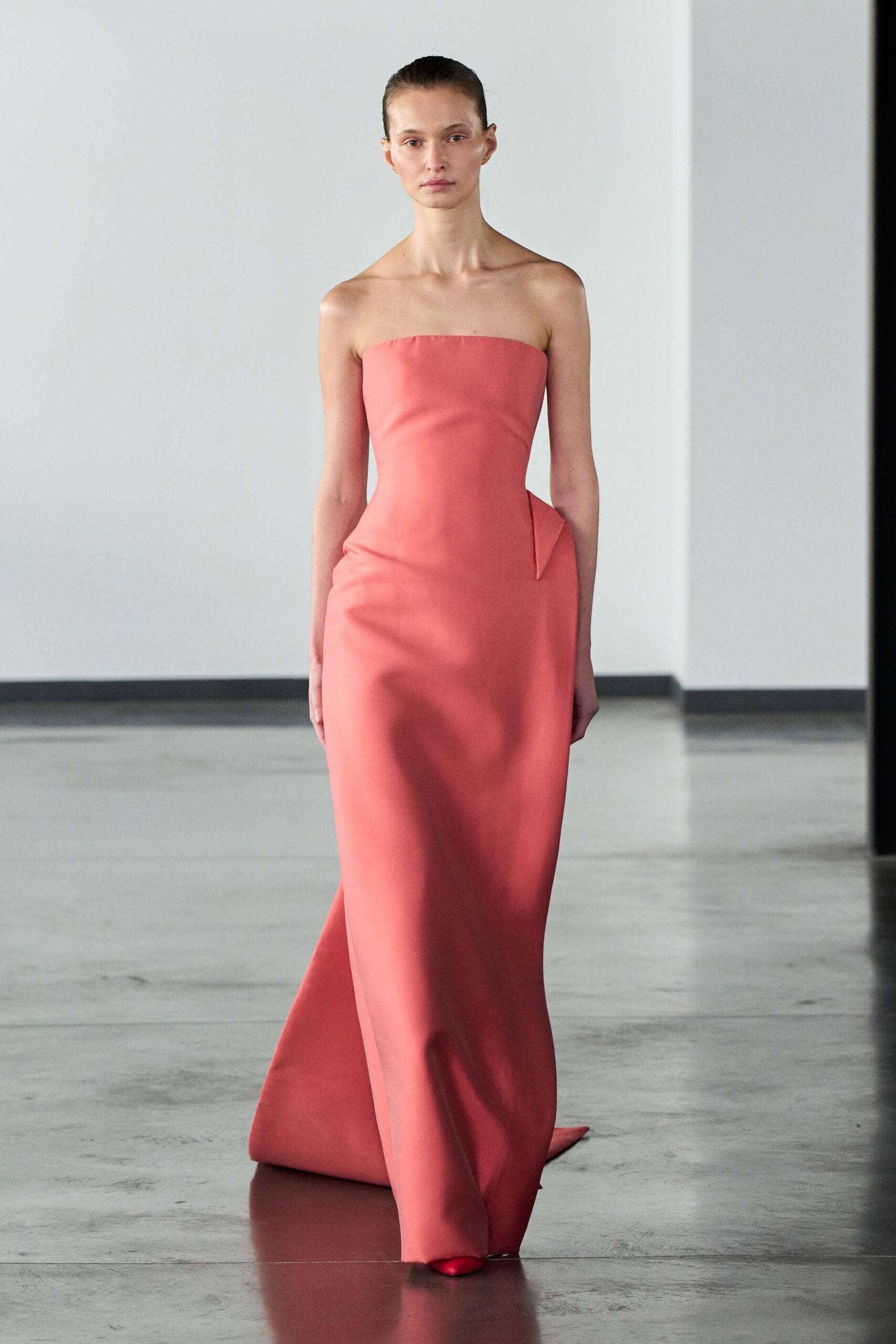 coral silk strapless gown