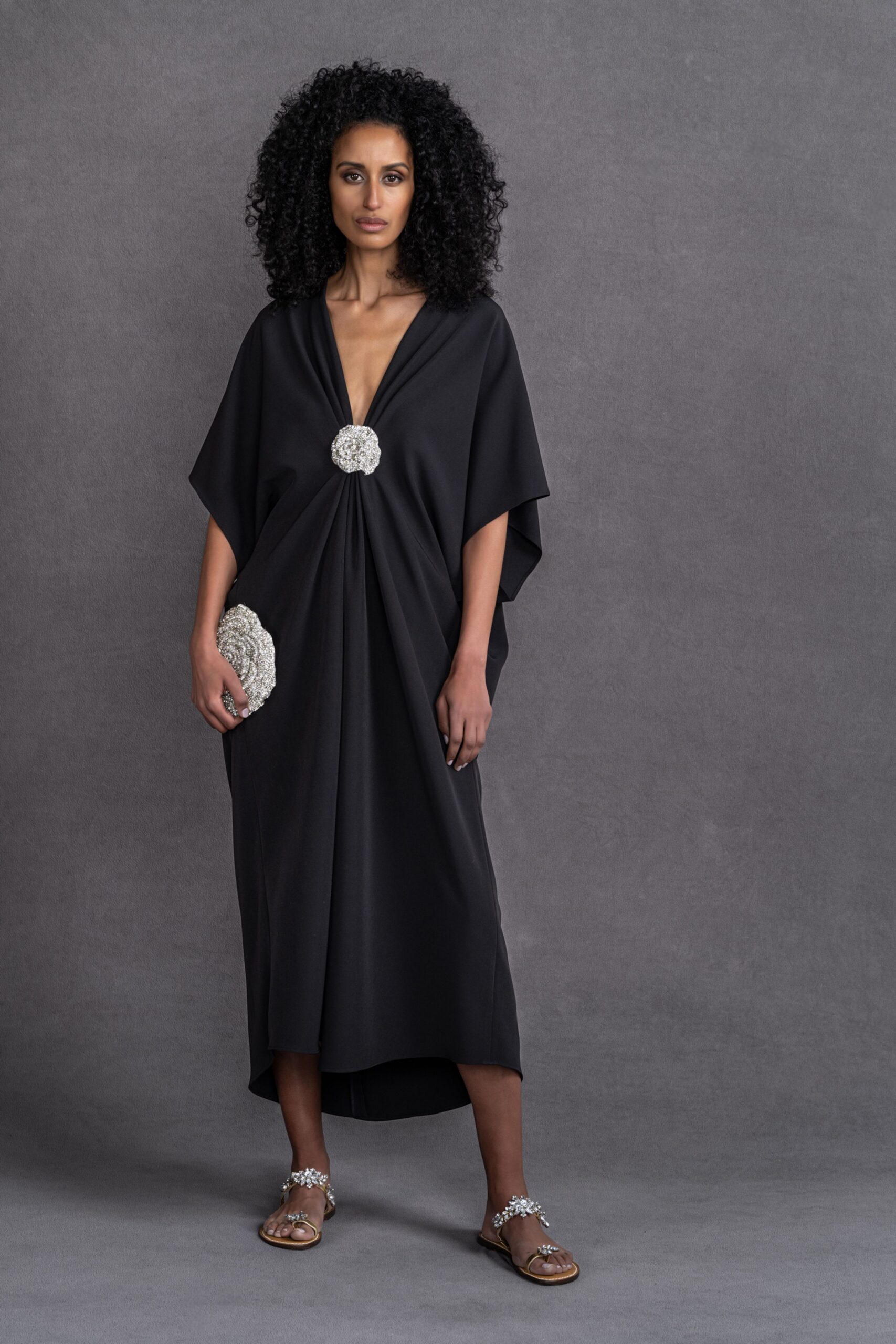 black relaxed v-neck draped dress