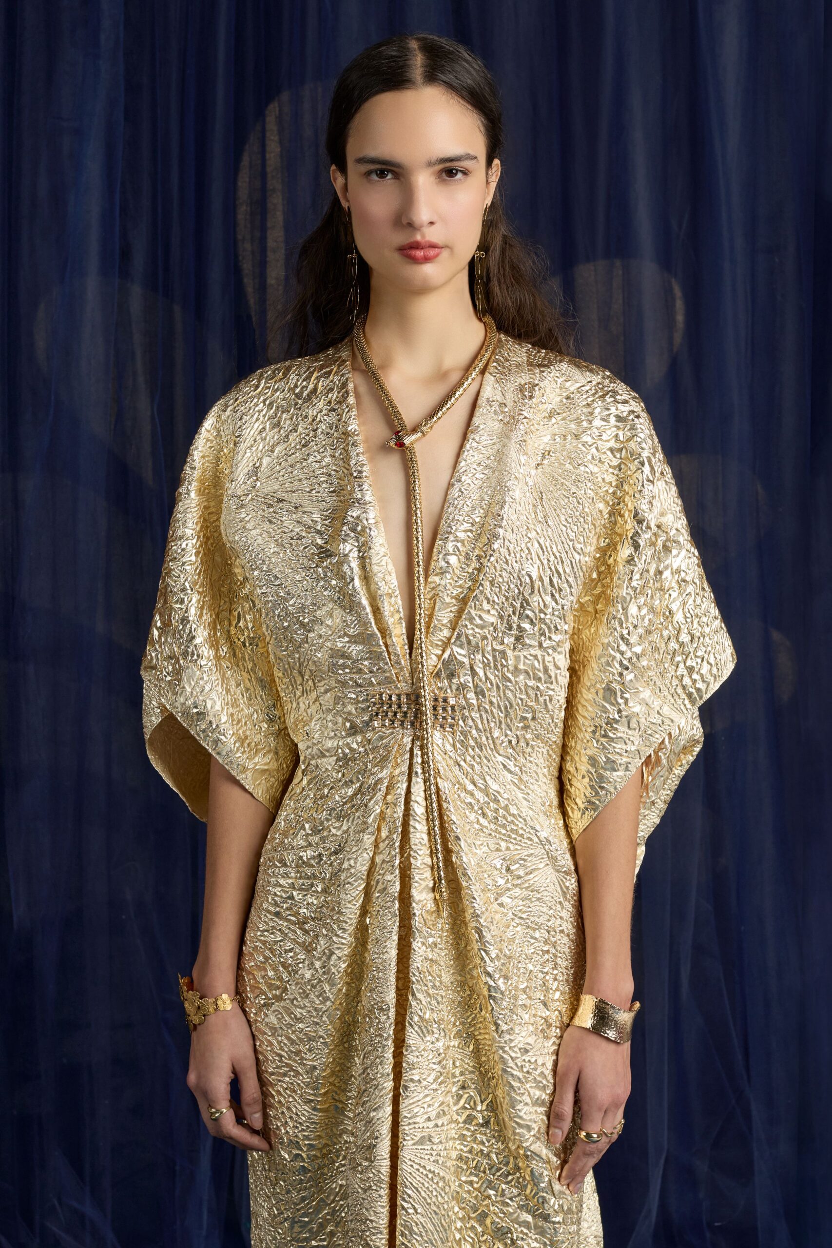 gold silk sleeveless gown