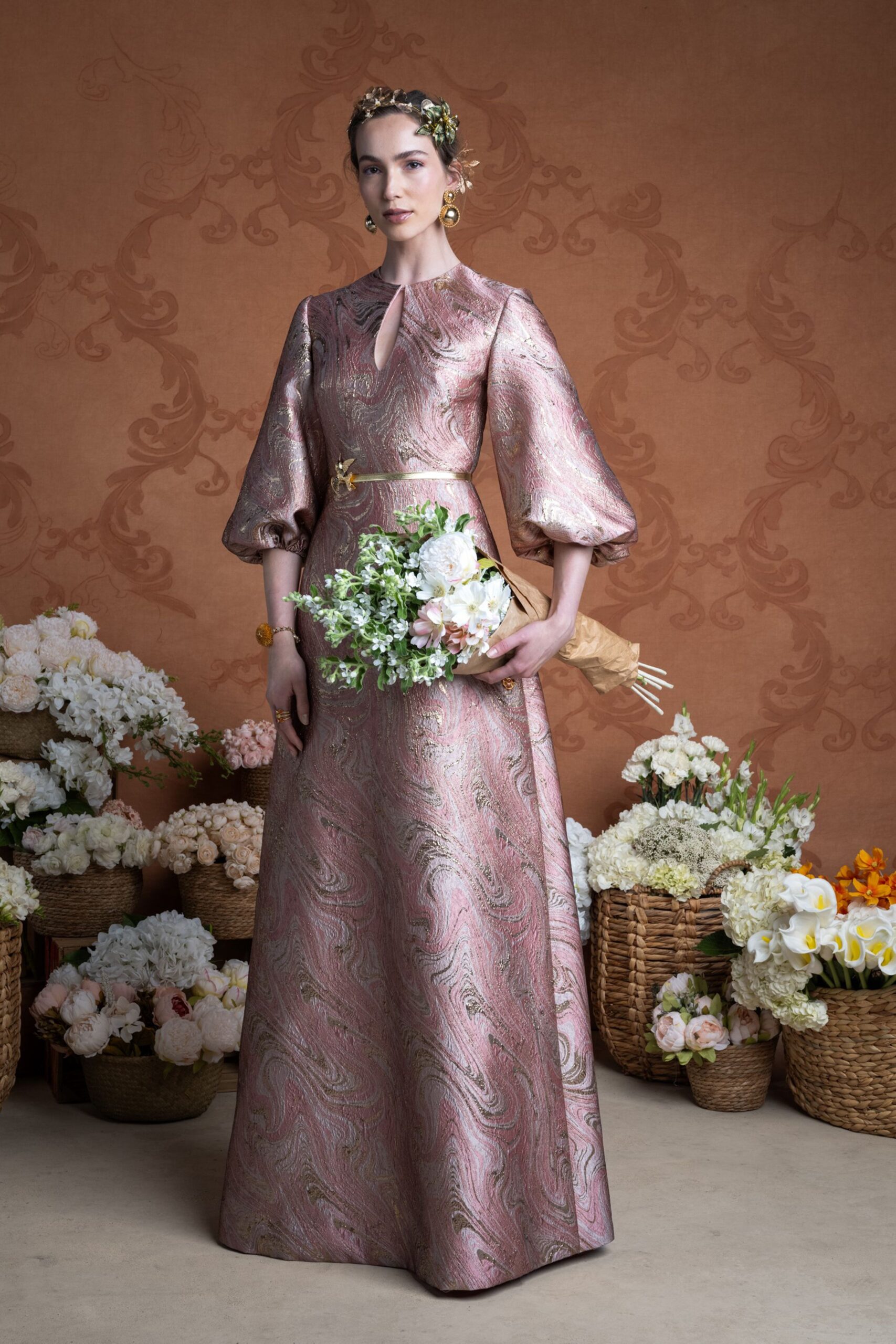 pink gold silk fitted gown