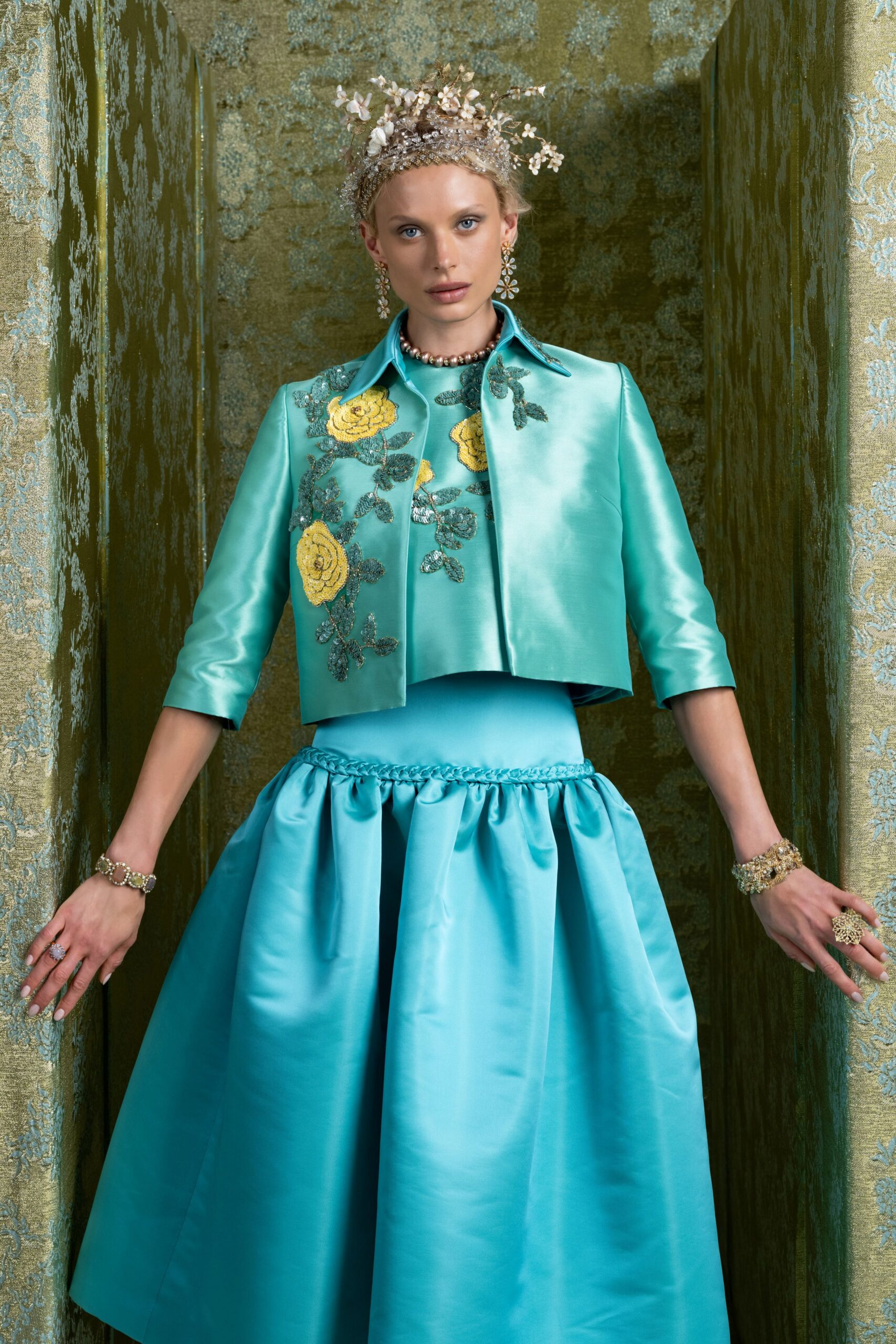 teal silk fitted tiered midi skirt