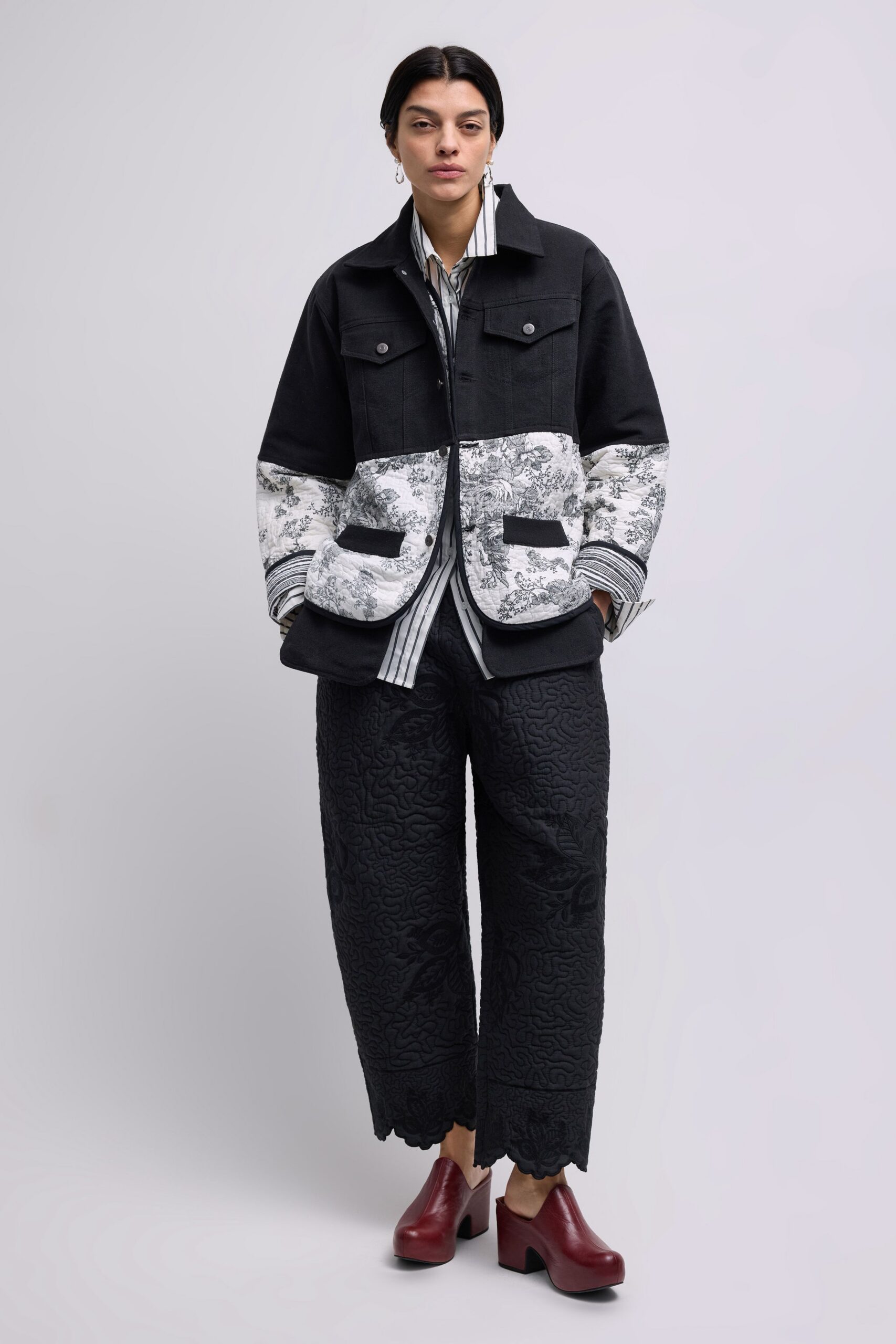 black and white relaxed jacket with striped shirt