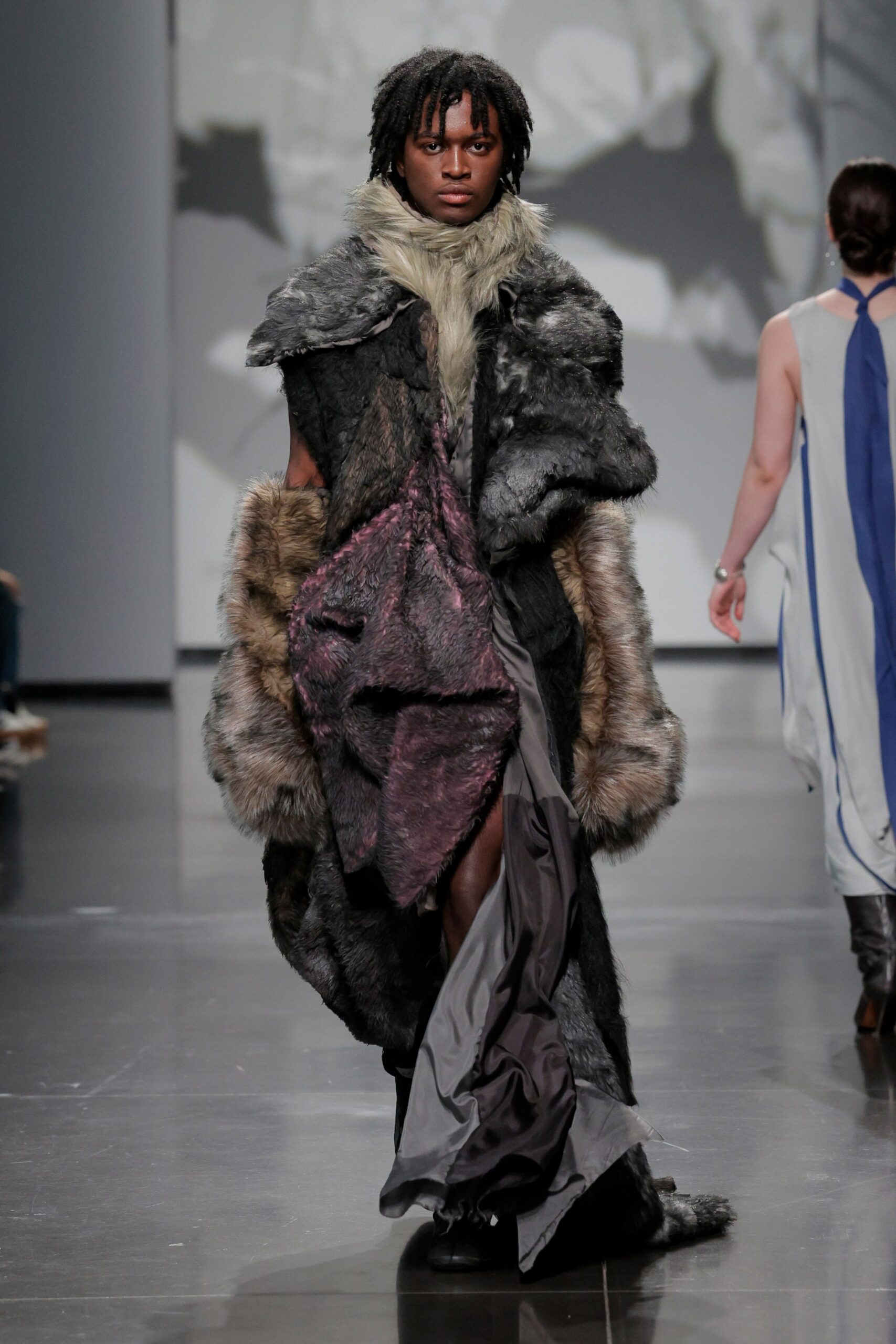 gray fur sleeveless relaxed draped maxi dress