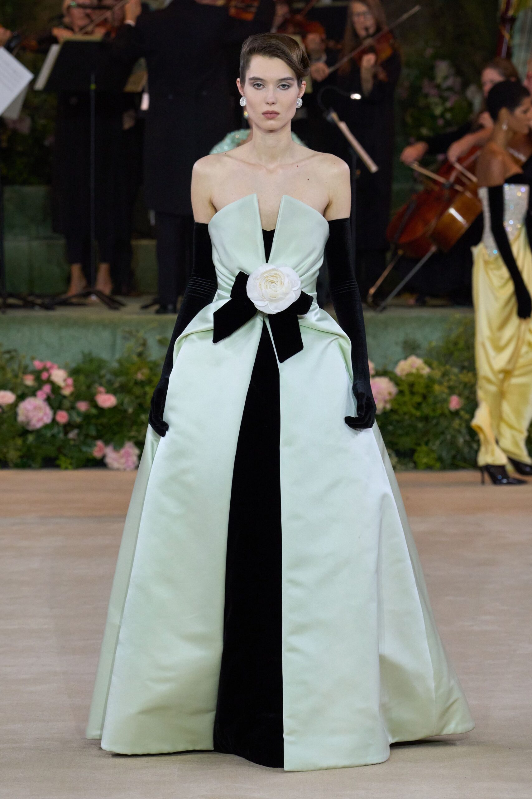 black and green strapless gown