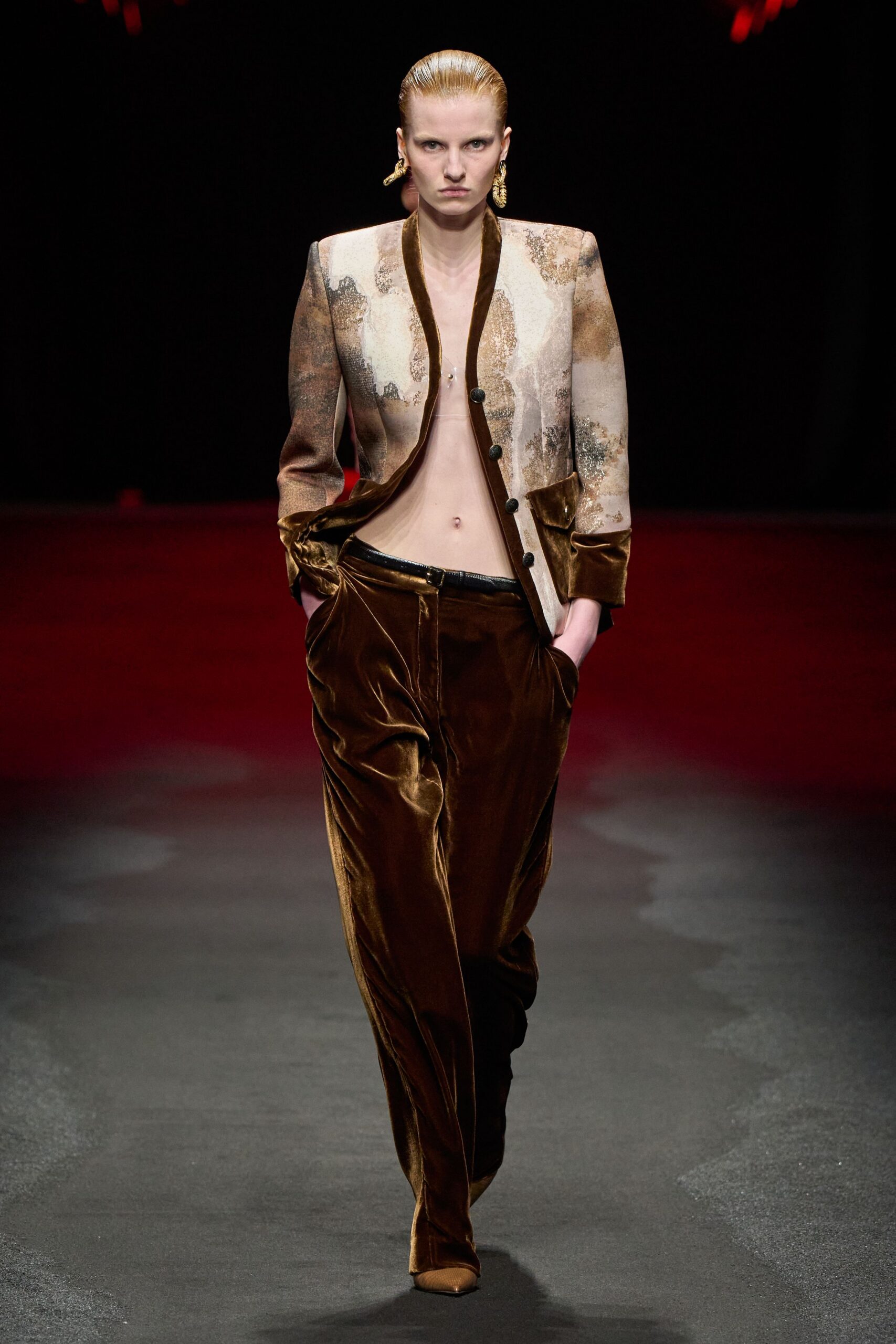 brown silk long-sleeve collared structured embroidered blazer